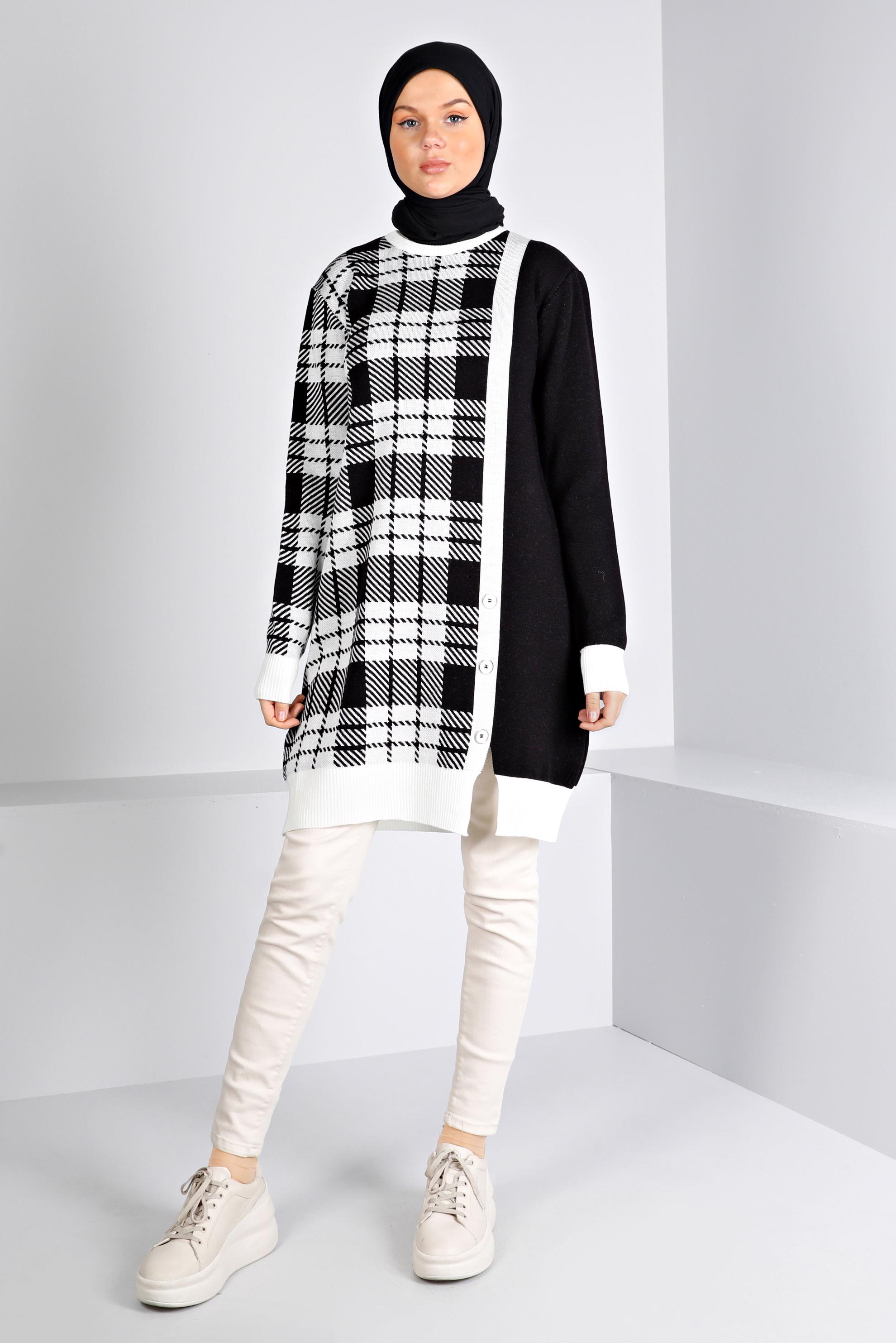 Tesettür giyim SİYAH EKOSE DESENLİ DÜĞMELİ TRİKO TUNİK 43175	