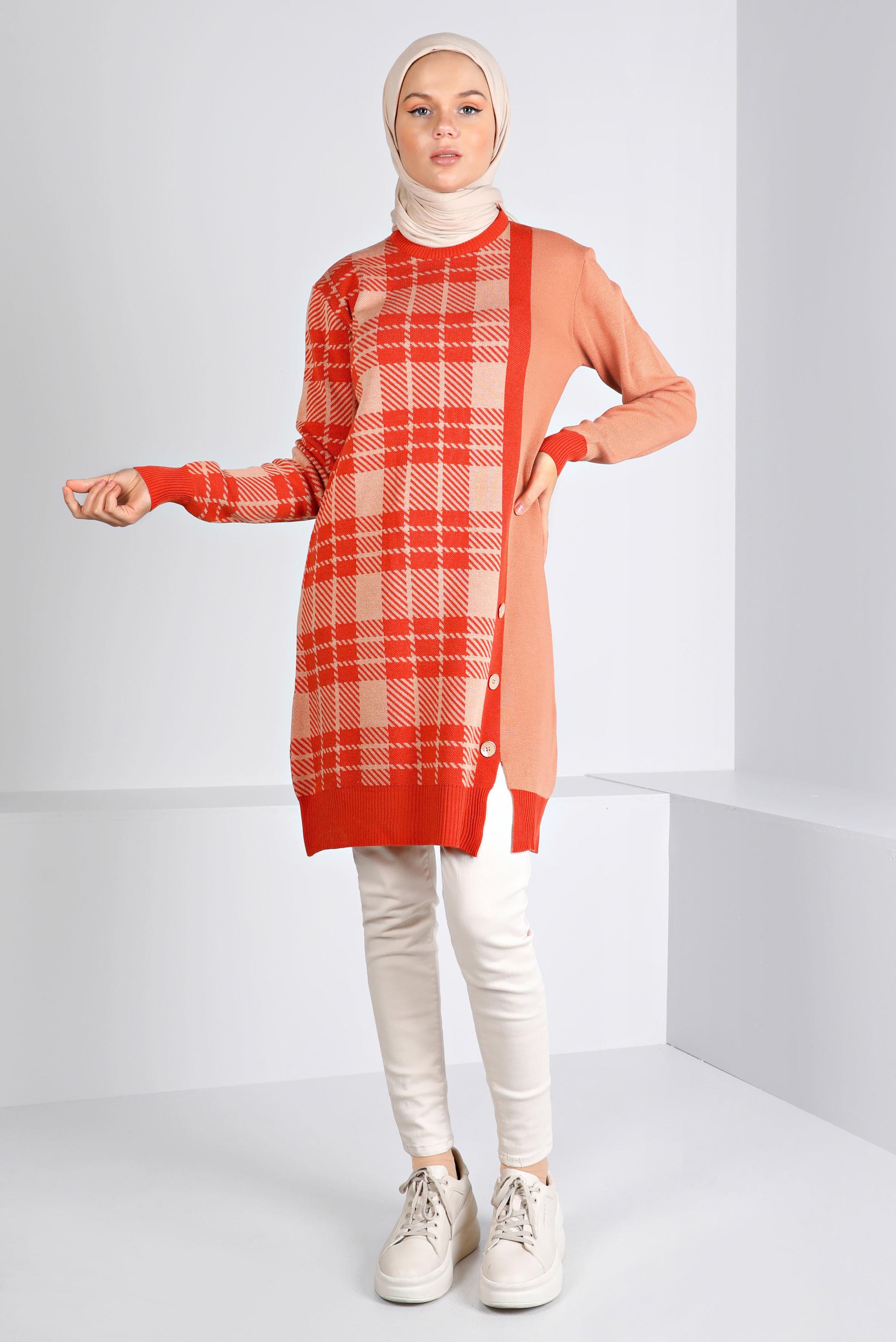 Tesettür giyim PUDRA EKOSE DESENLİ DÜĞMELİ TRİKO TUNİK 43175	