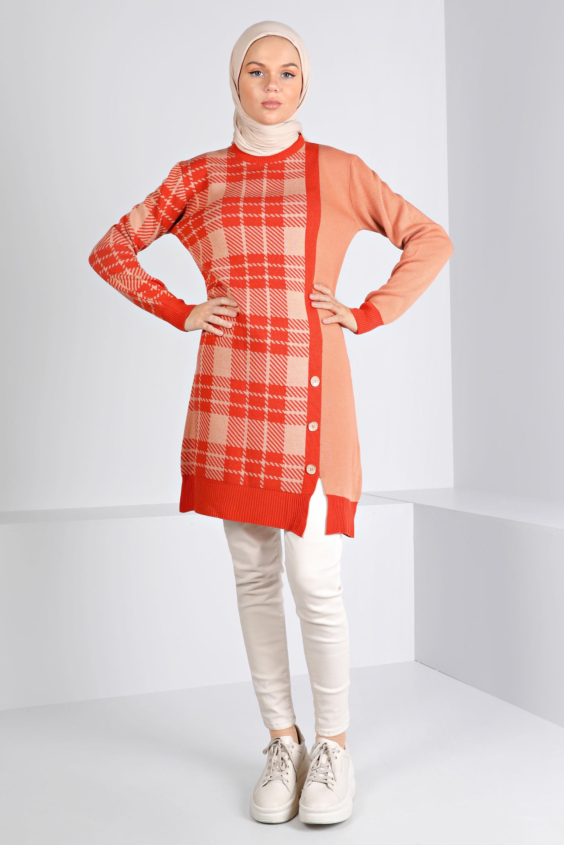 Tesettür giyim PUDRA EKOSE DESENLİ DÜĞMELİ TRİKO TUNİK 43175	