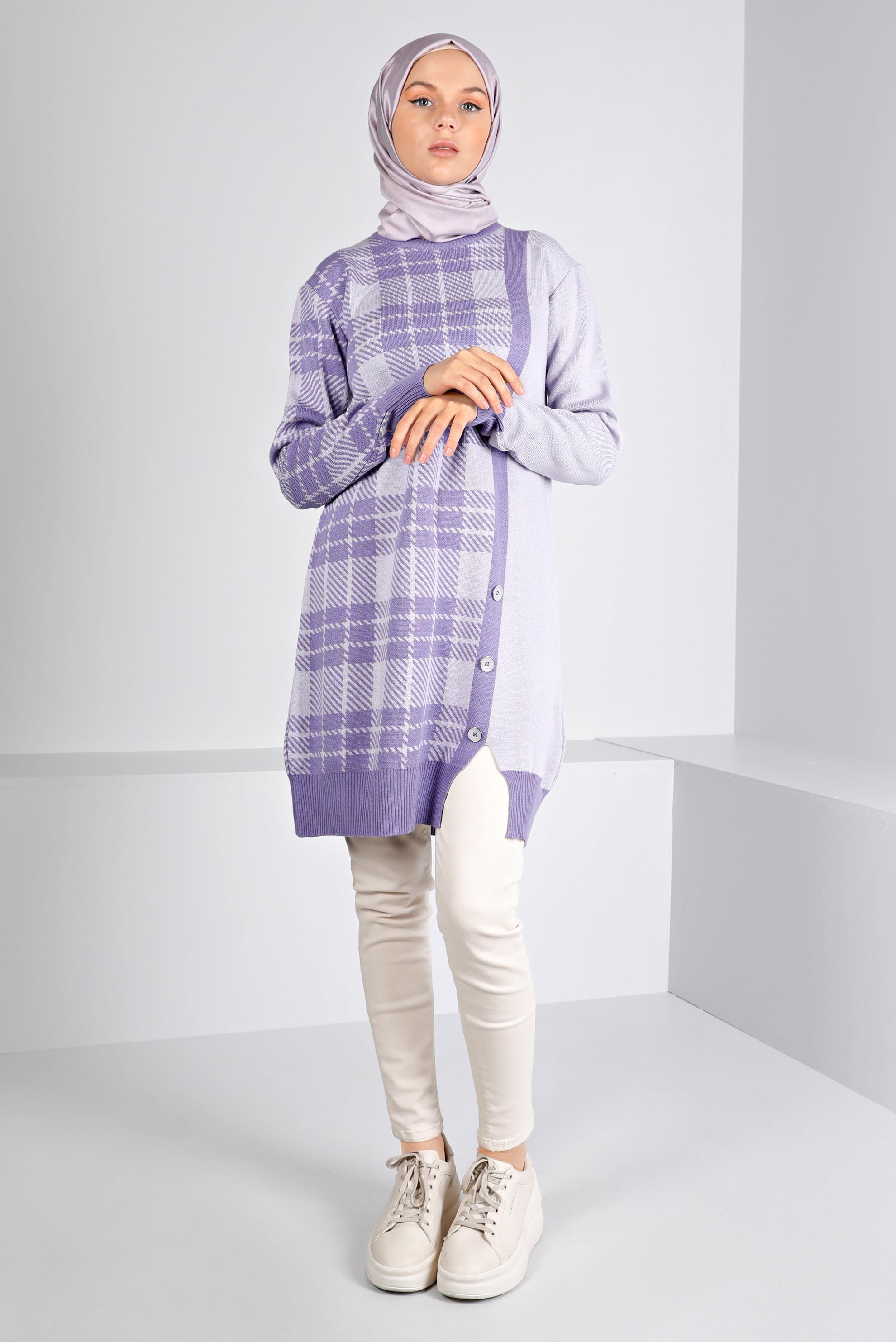 Tesettür giyim MOR EKOSE DESENLİ DÜĞMELİ TRİKO TUNİK 43175	
