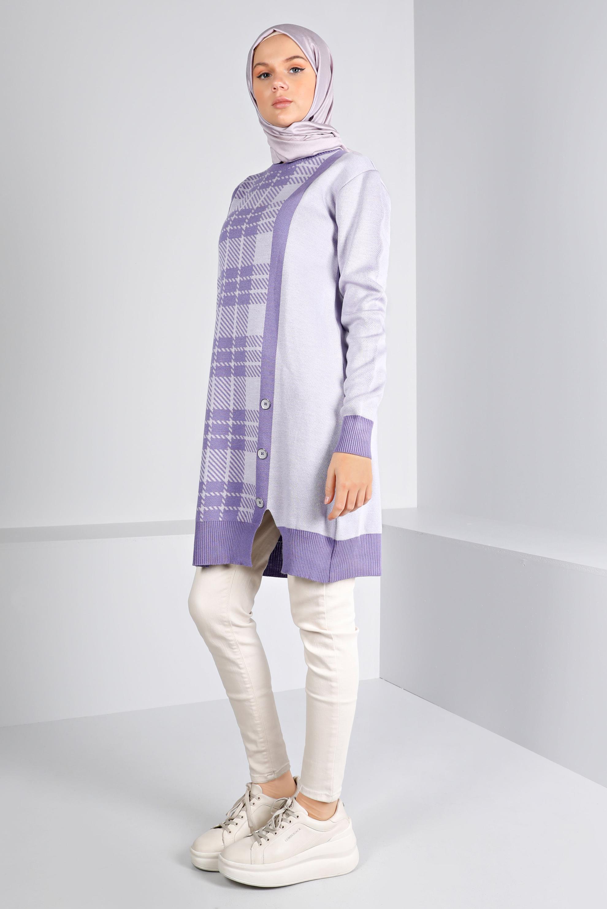 Tesettür giyim MOR EKOSE DESENLİ DÜĞMELİ TRİKO TUNİK 43175	