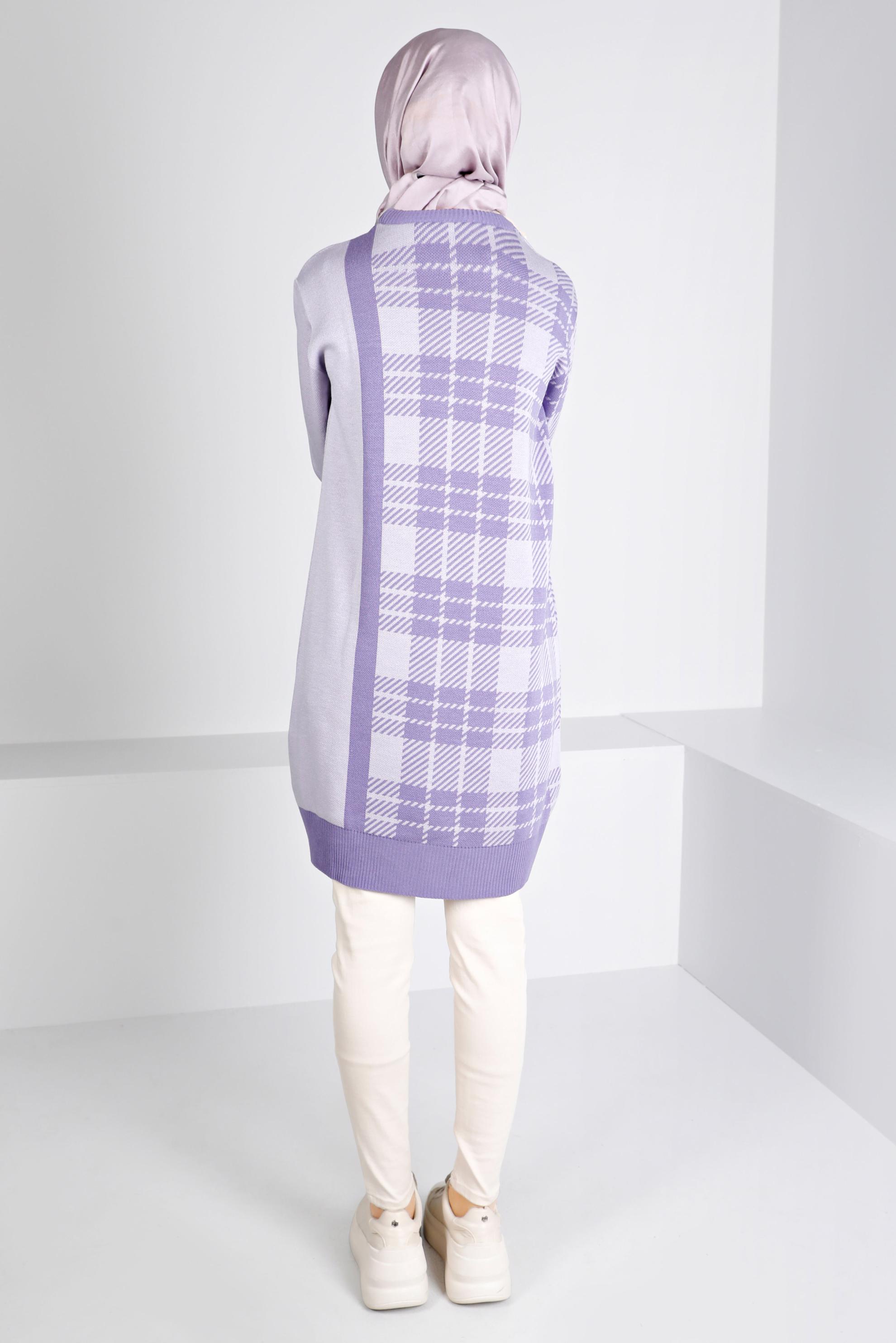 Tesettür giyim MOR EKOSE DESENLİ DÜĞMELİ TRİKO TUNİK 43175	