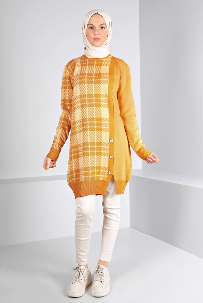 Tesettür giyim SARI EKOSE DESENLİ DÜĞMELİ TRİKO TUNİK 43175	 - ALVİNA