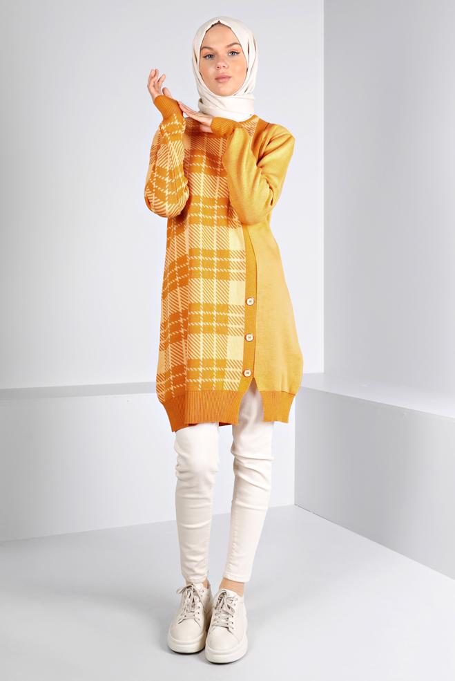 Tesettür giyim SARI EKOSE DESENLİ DÜĞMELİ TRİKO TUNİK 43175	 - ALVİNA