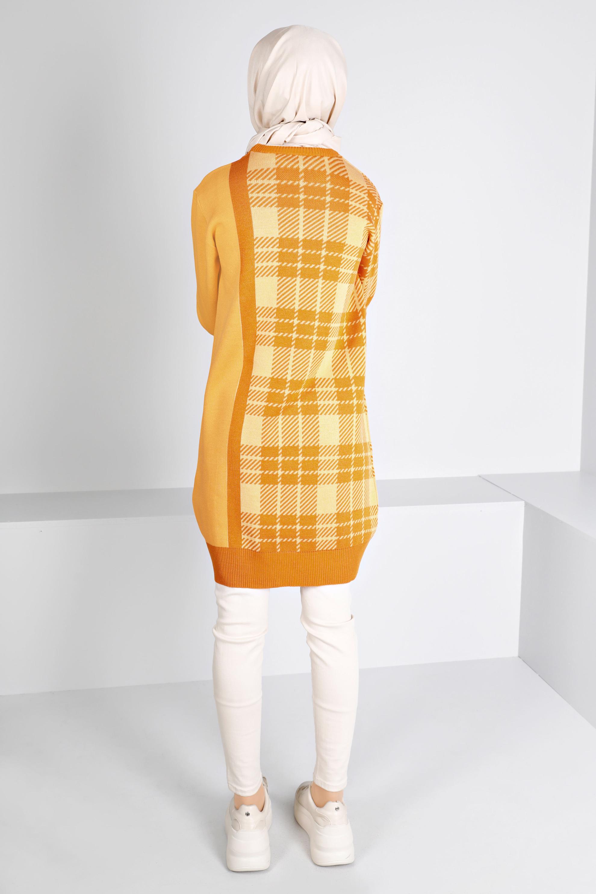 Tesettür giyim SARI EKOSE DESENLİ DÜĞMELİ TRİKO TUNİK 43175	