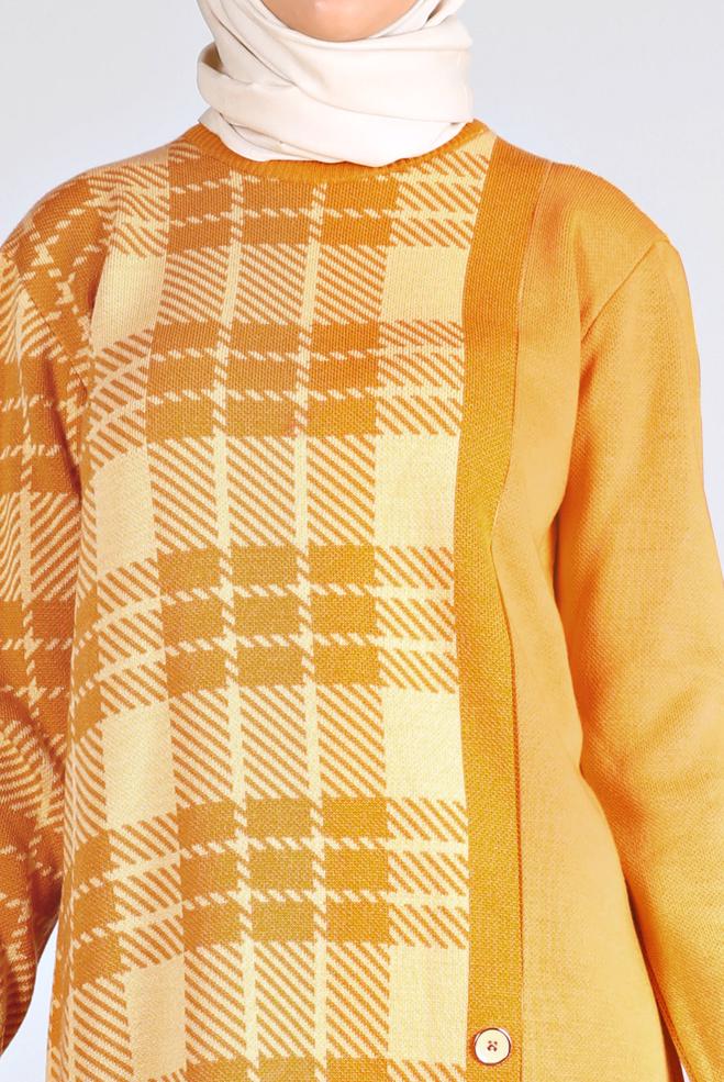 Tesettür giyim SARI EKOSE DESENLİ DÜĞMELİ TRİKO TUNİK 43175	 - ALVİNA