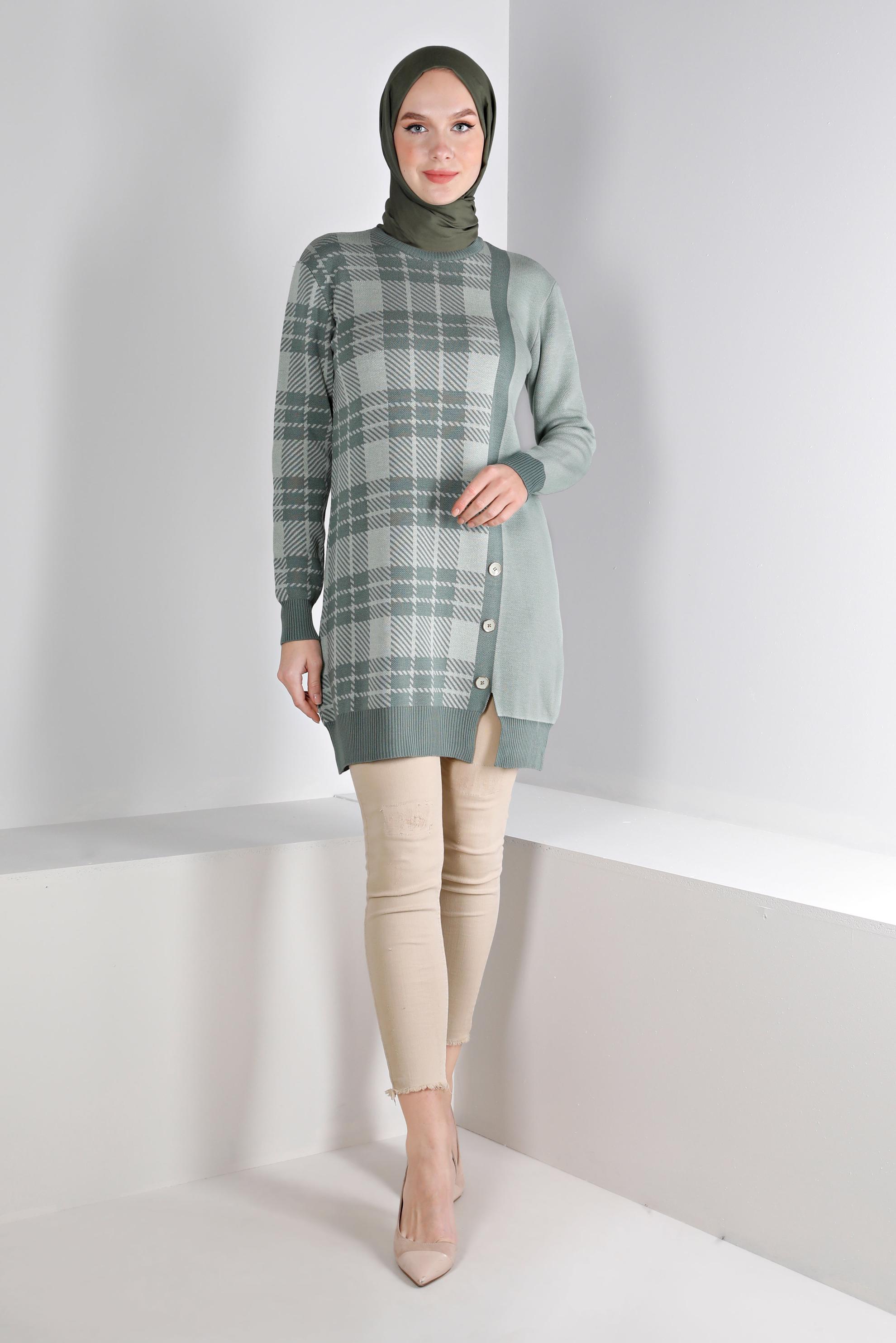 Tesettür giyim YEŞİL EKOSE DESENLİ DÜĞMELİ TRİKO TUNİK 43175	