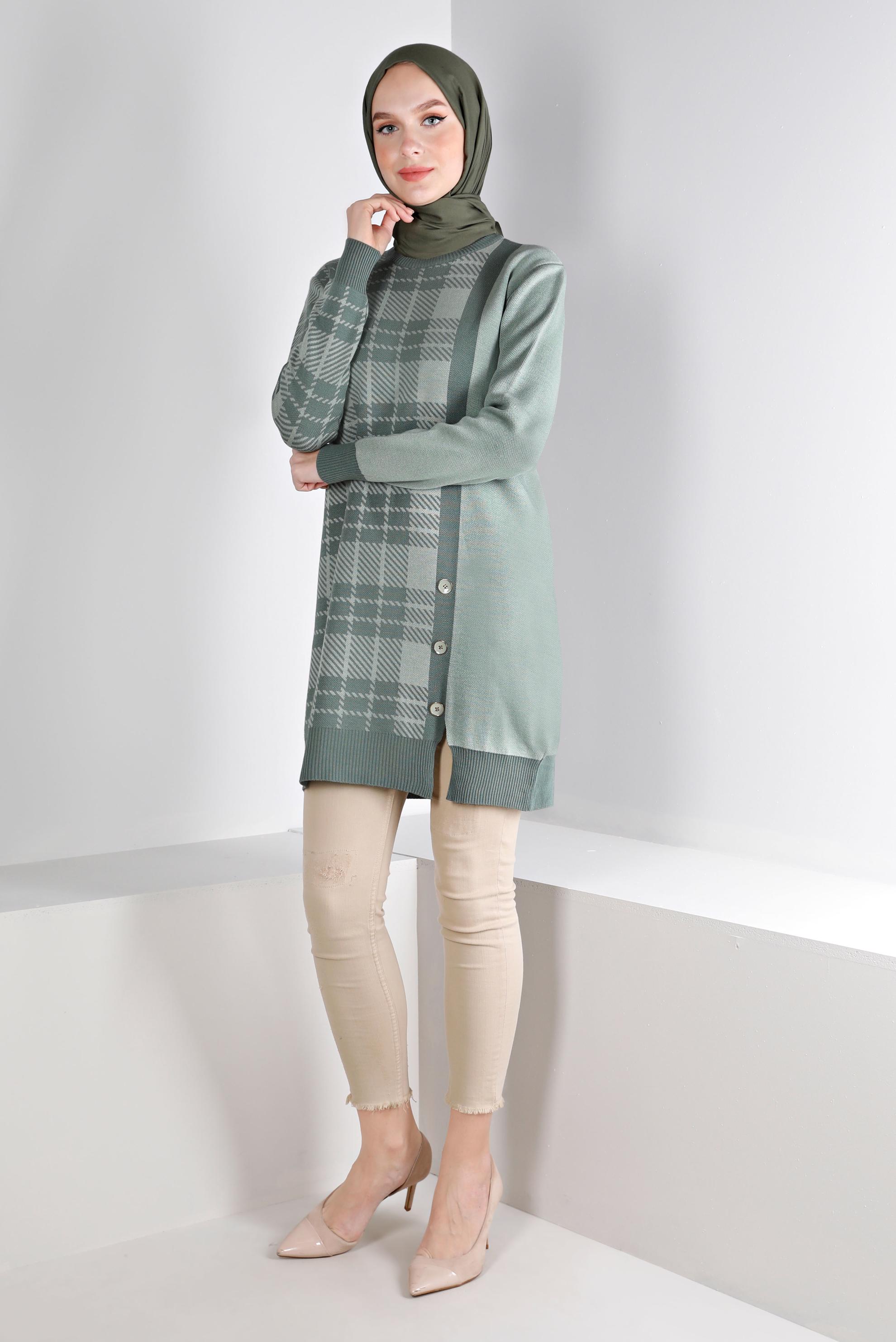 Tesettür giyim YEŞİL EKOSE DESENLİ DÜĞMELİ TRİKO TUNİK 43175	