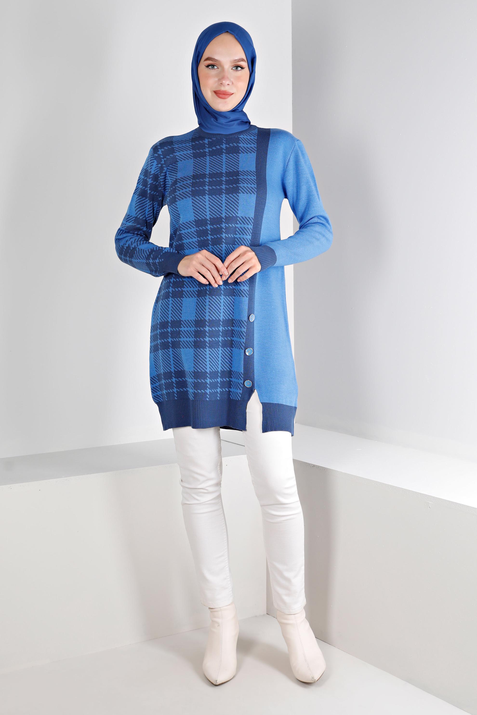 Tesettür giyim MAVİ EKOSE DESENLİ DÜĞMELİ TRİKO TUNİK 43175	