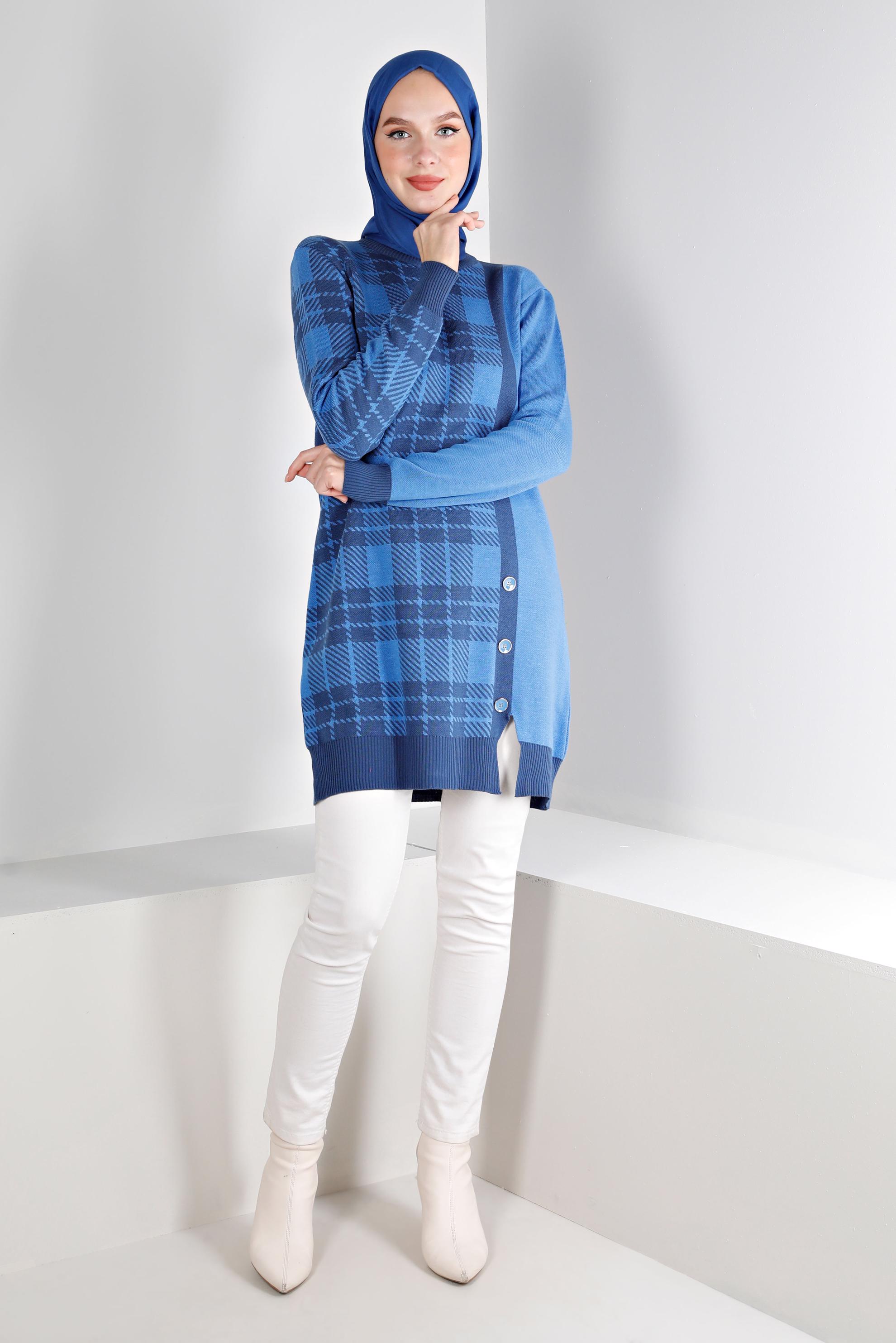 Tesettür giyim MAVİ EKOSE DESENLİ DÜĞMELİ TRİKO TUNİK 43175	