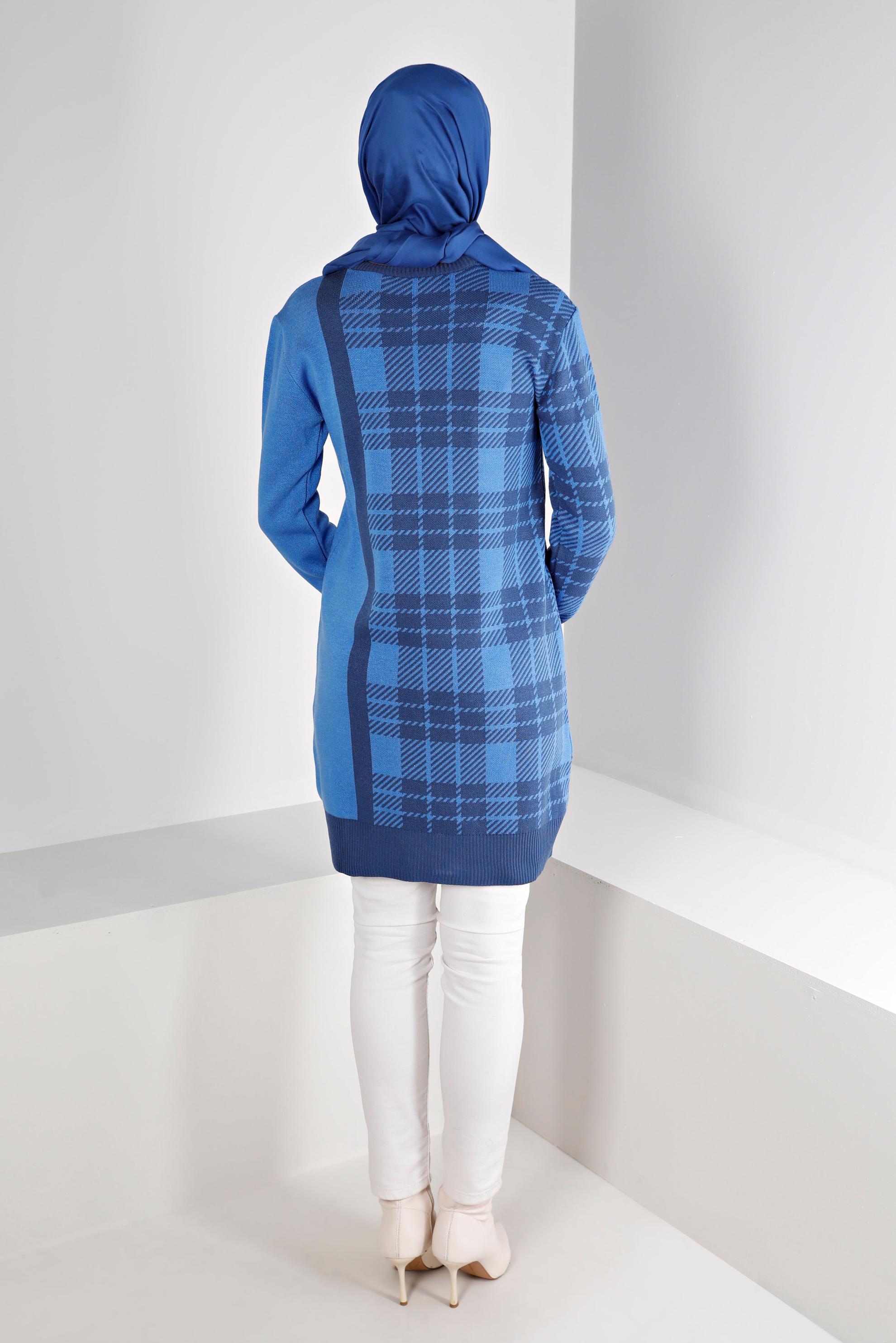 Tesettür giyim MAVİ EKOSE DESENLİ DÜĞMELİ TRİKO TUNİK 43175	