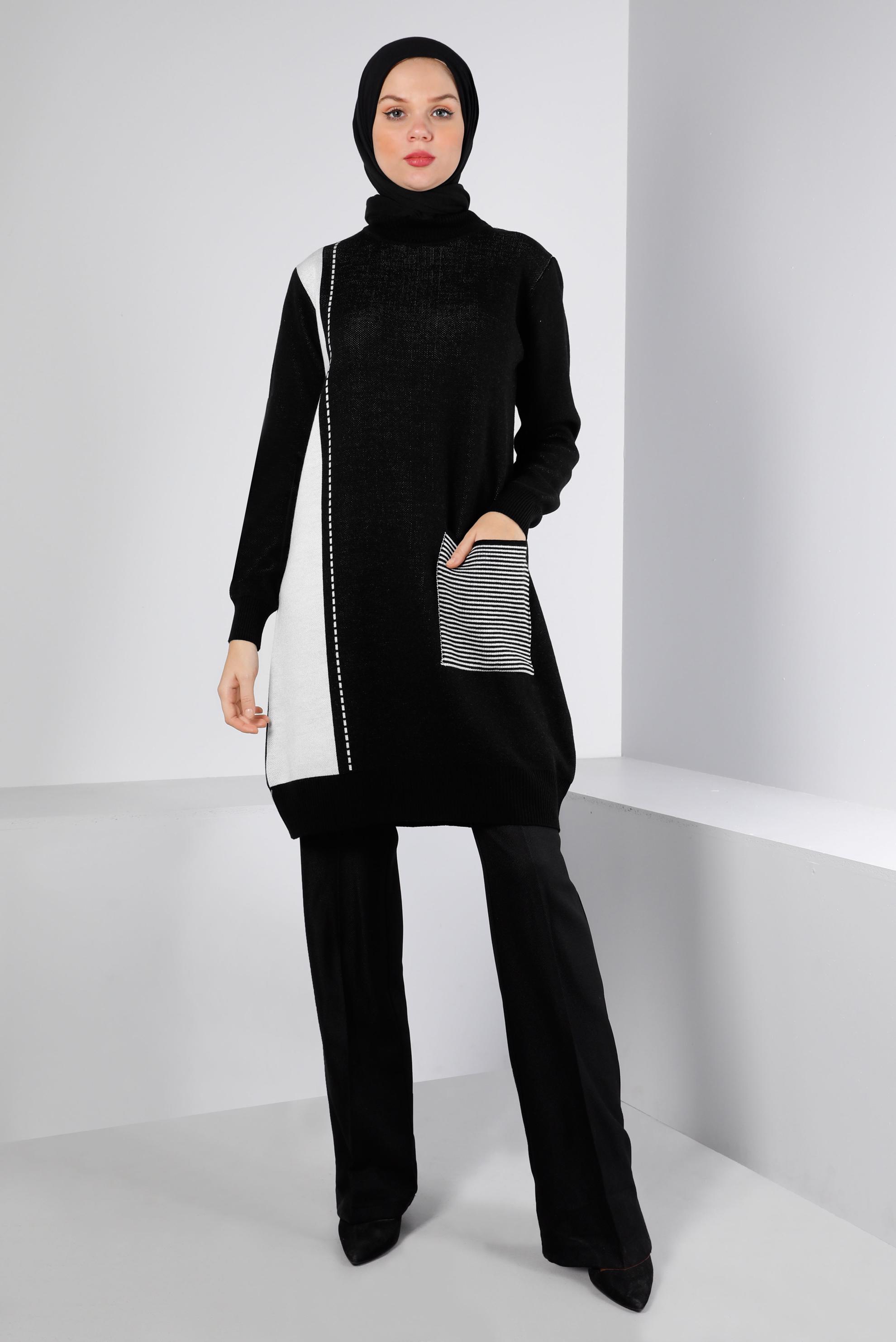 Tesettür giyim SİYAH CEP DETAYLI TRİKO TUNİK 43176	