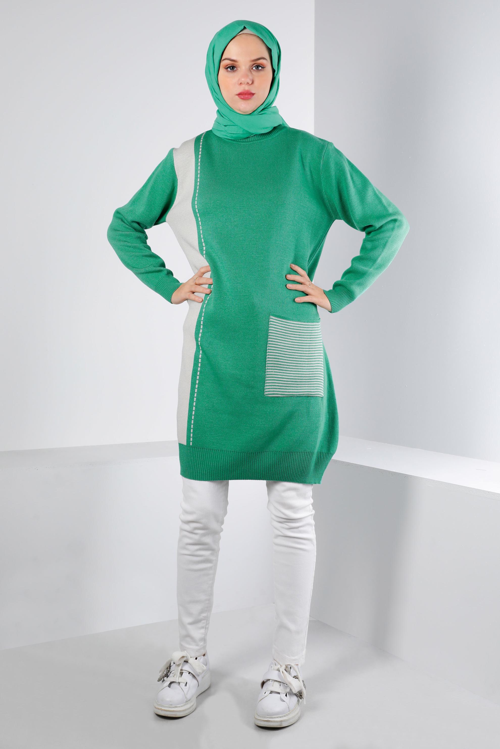 Tesettür giyim YEŞİL CEP DETAYLI TRİKO TUNİK 43176	