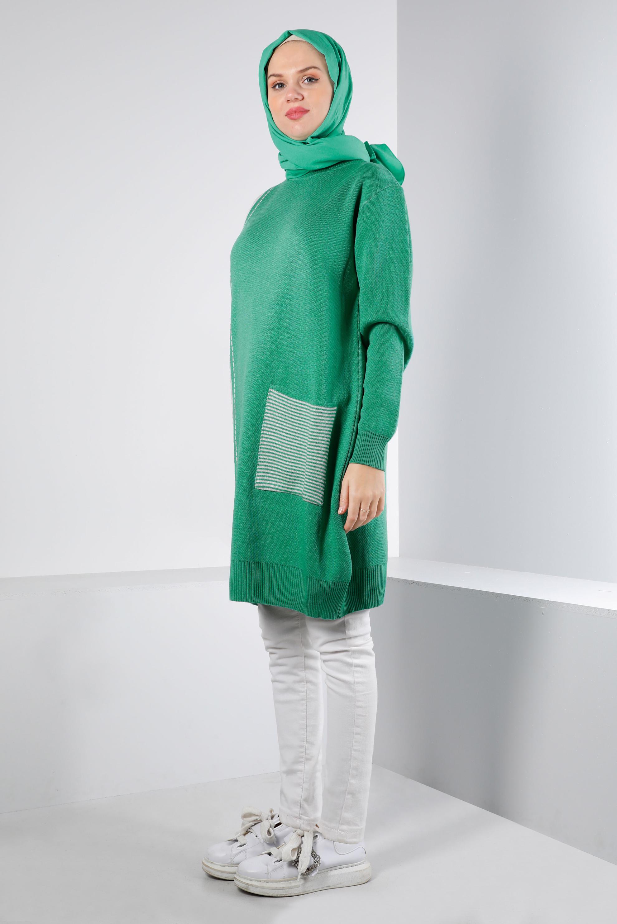 Tesettür giyim YEŞİL CEP DETAYLI TRİKO TUNİK 43176	