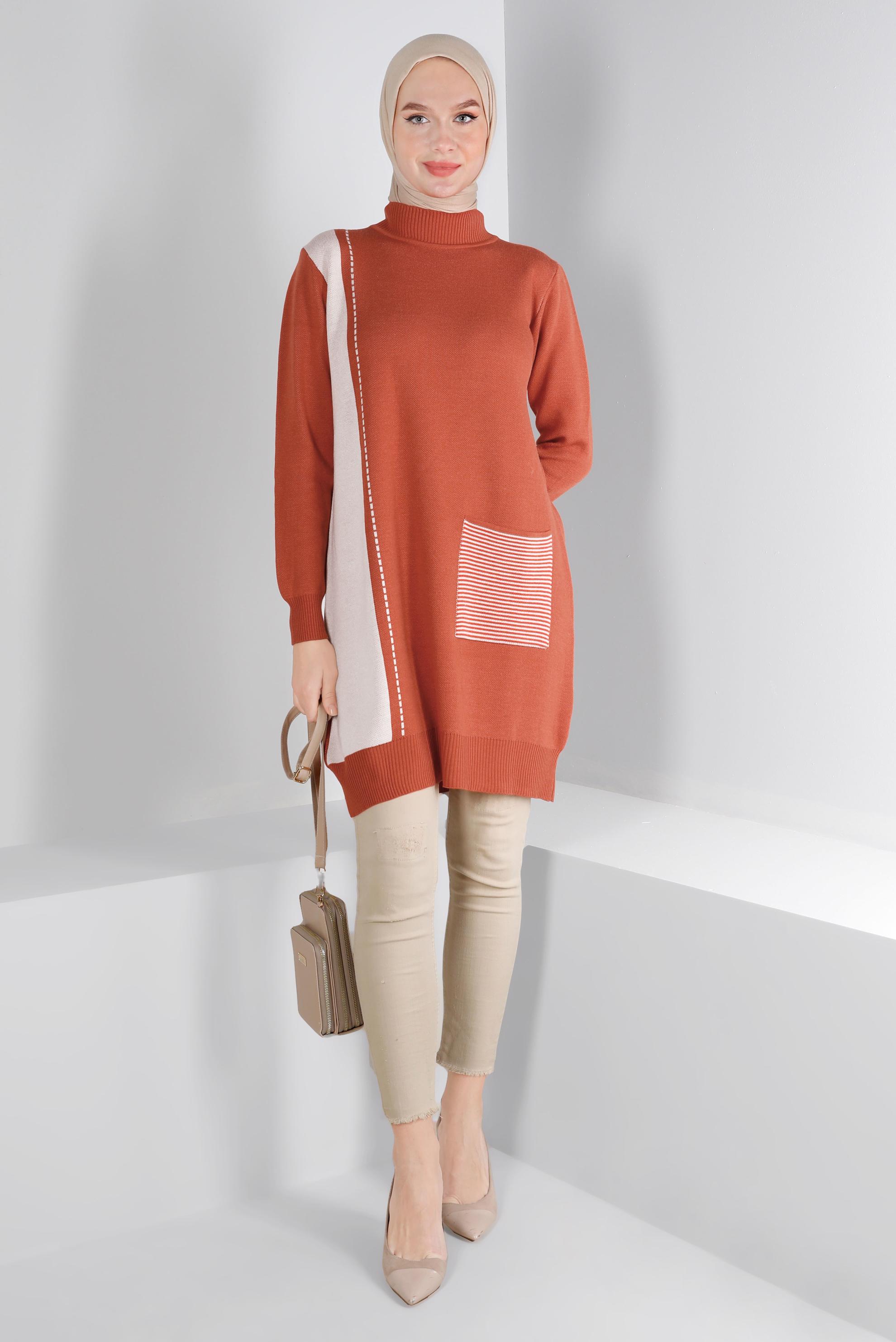 Tesettür giyim TURUNCU CEP DETAYLI TRİKO TUNİK 43176	