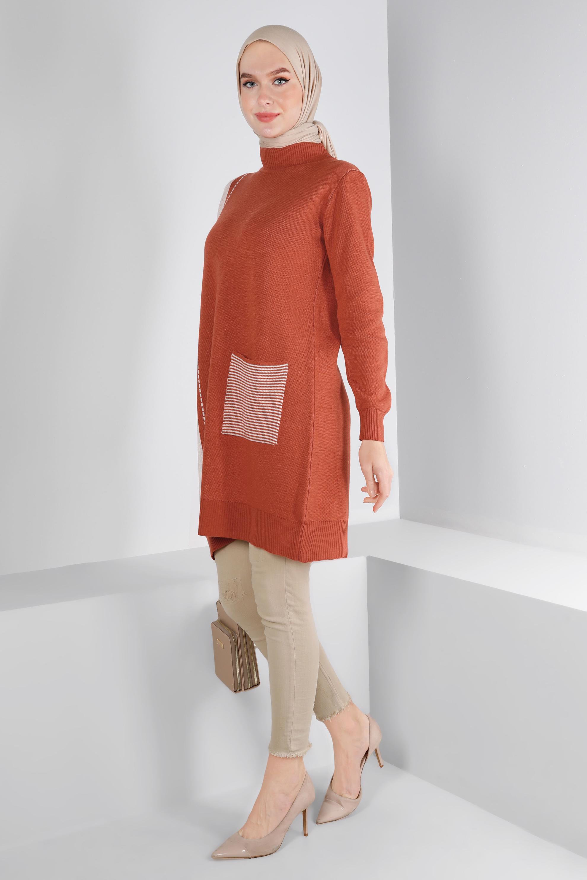 Tesettür giyim TURUNCU CEP DETAYLI TRİKO TUNİK 43176	