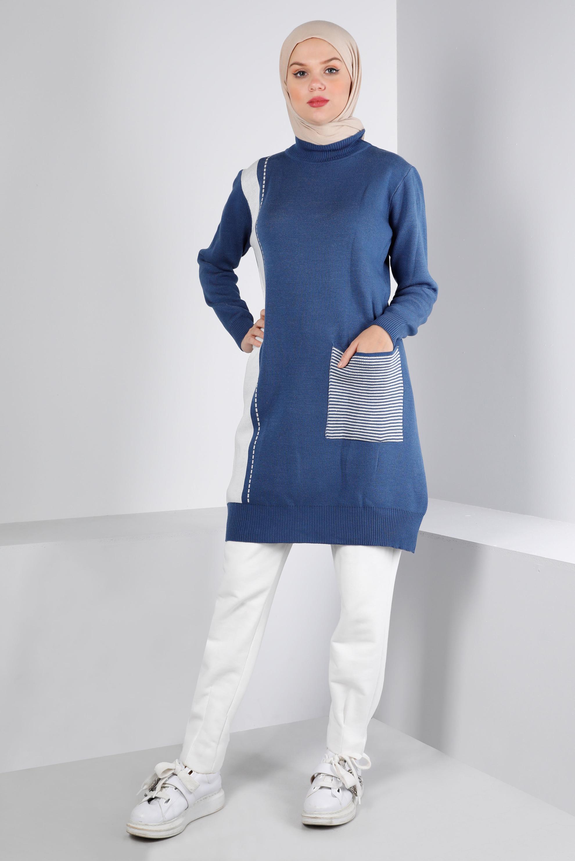 Tesettür giyim LACİVERT CEP DETAYLI TRİKO TUNİK 43176	