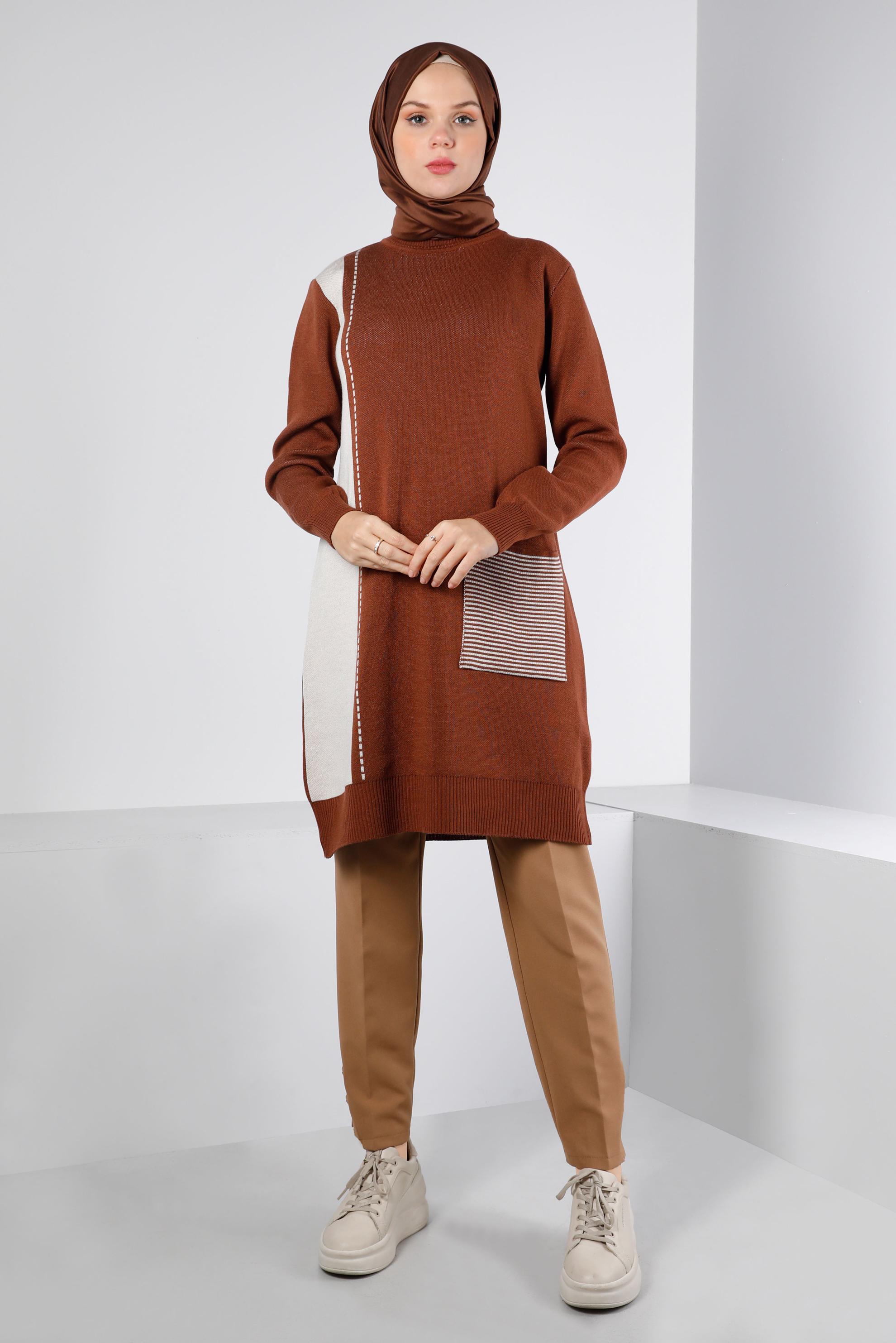 Hijab clothing BROWN POCKET DETAIL KNITWEAR TUNIC 43176 
