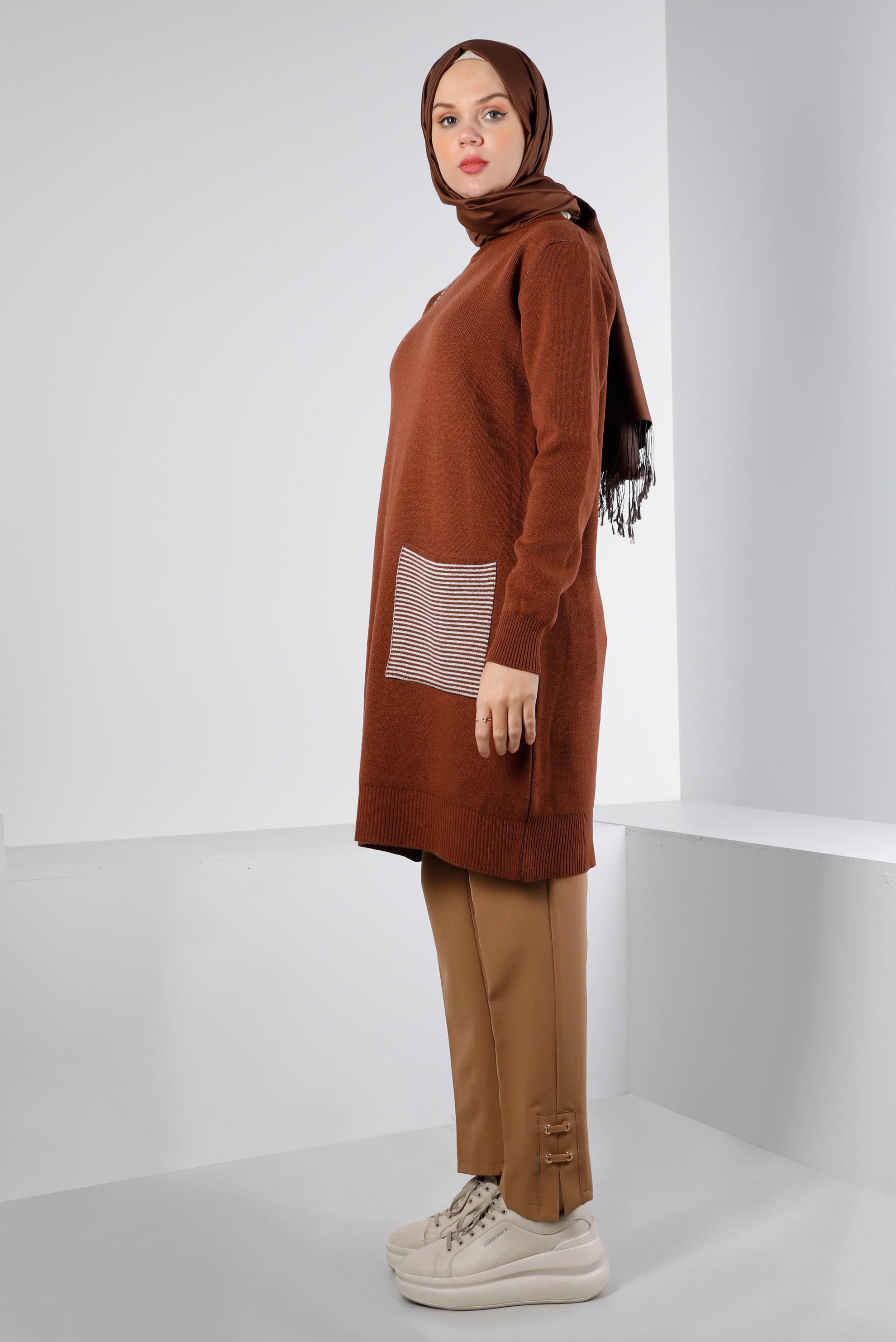 Hijab clothing BROWN POCKET DETAIL KNITWEAR TUNIC 43176 