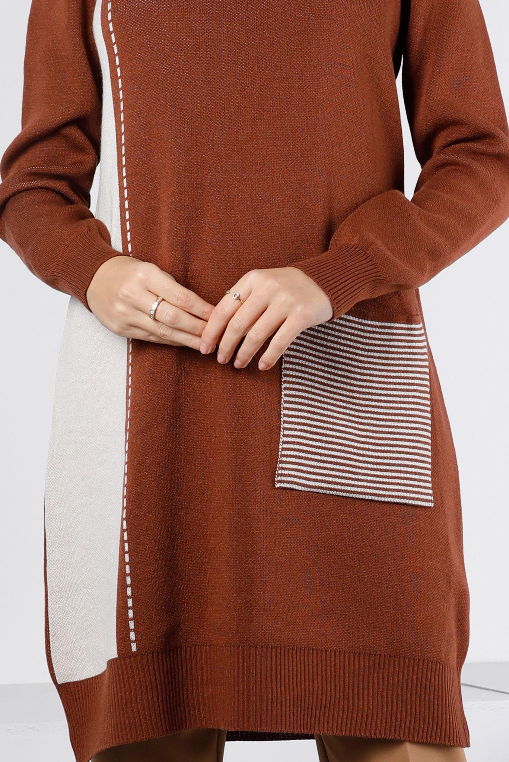 Hijab clothing BROWN POCKET DETAIL KNITWEAR TUNIC 43176 