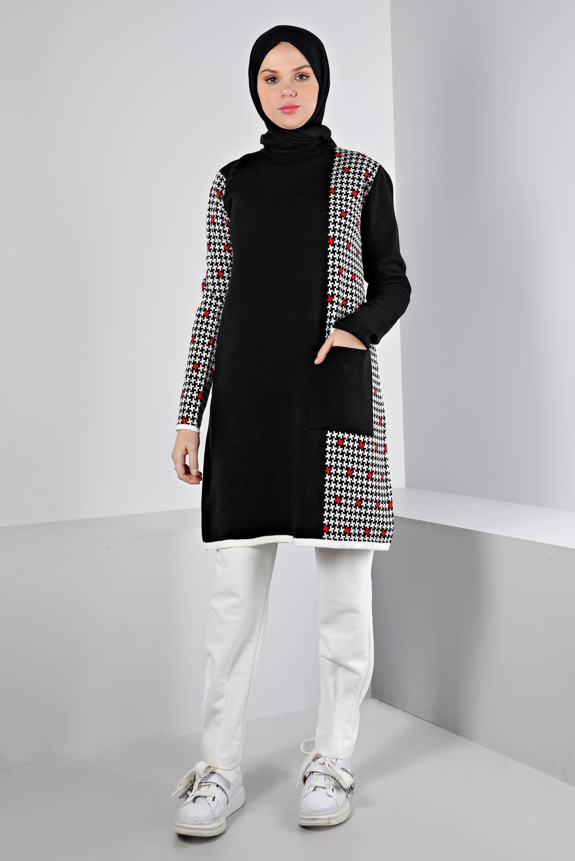 Tesettür giyim SİYAH DESENLİ CEPLİ TRİKO TUNİK 43177