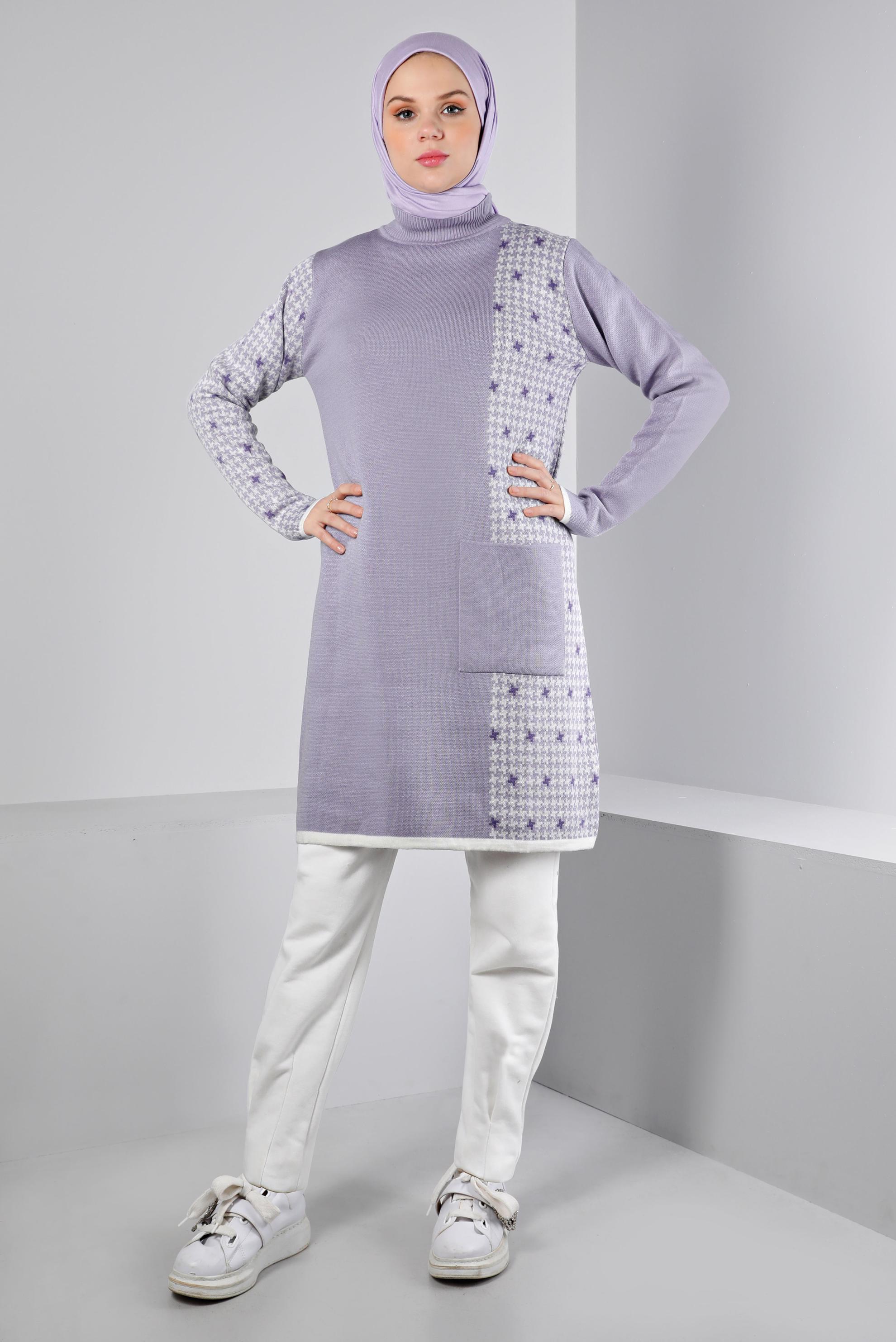 Tesettür giyim MOR DESENLİ CEPLİ TRİKO TUNİK 43177