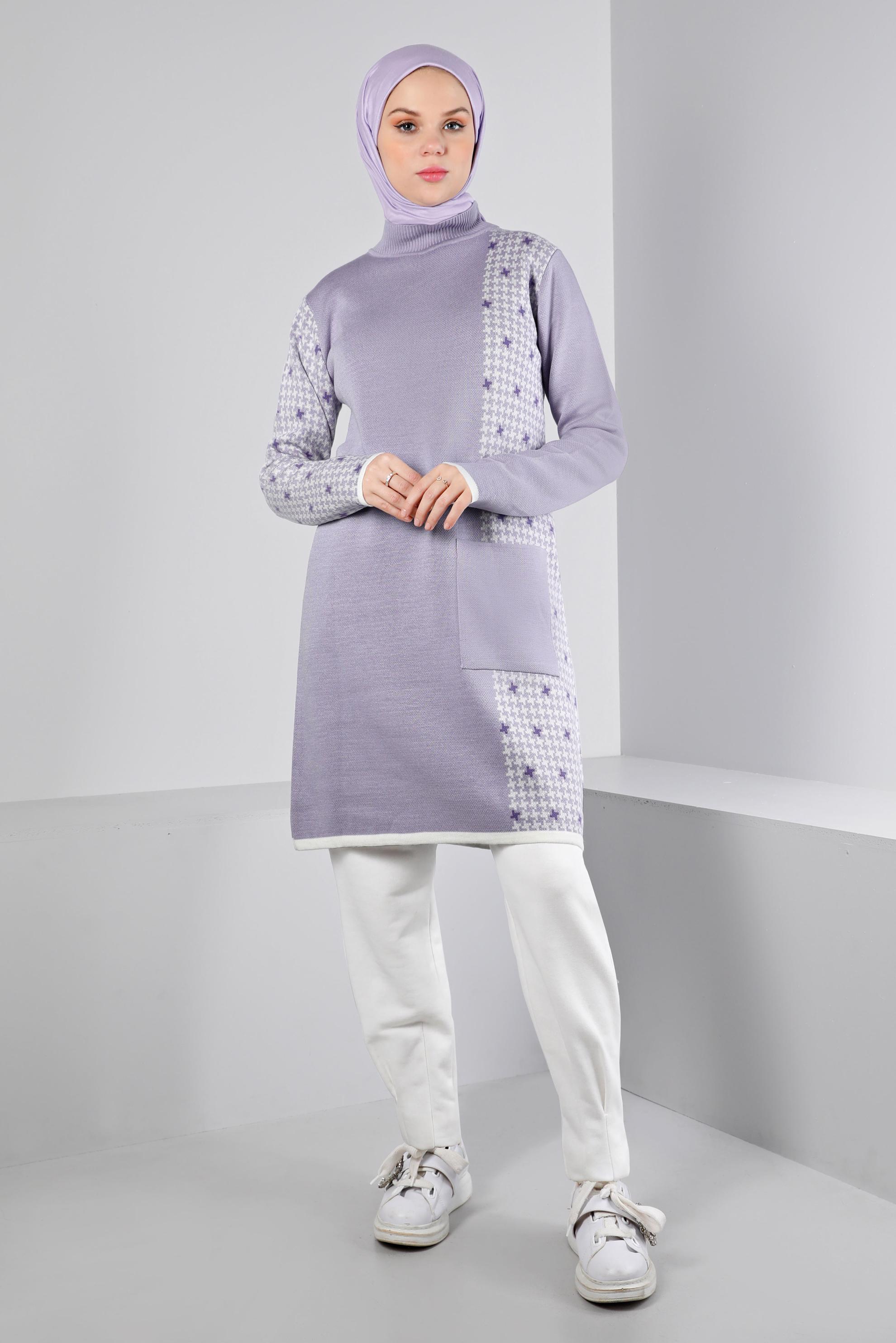 Tesettür giyim MOR DESENLİ CEPLİ TRİKO TUNİK 43177