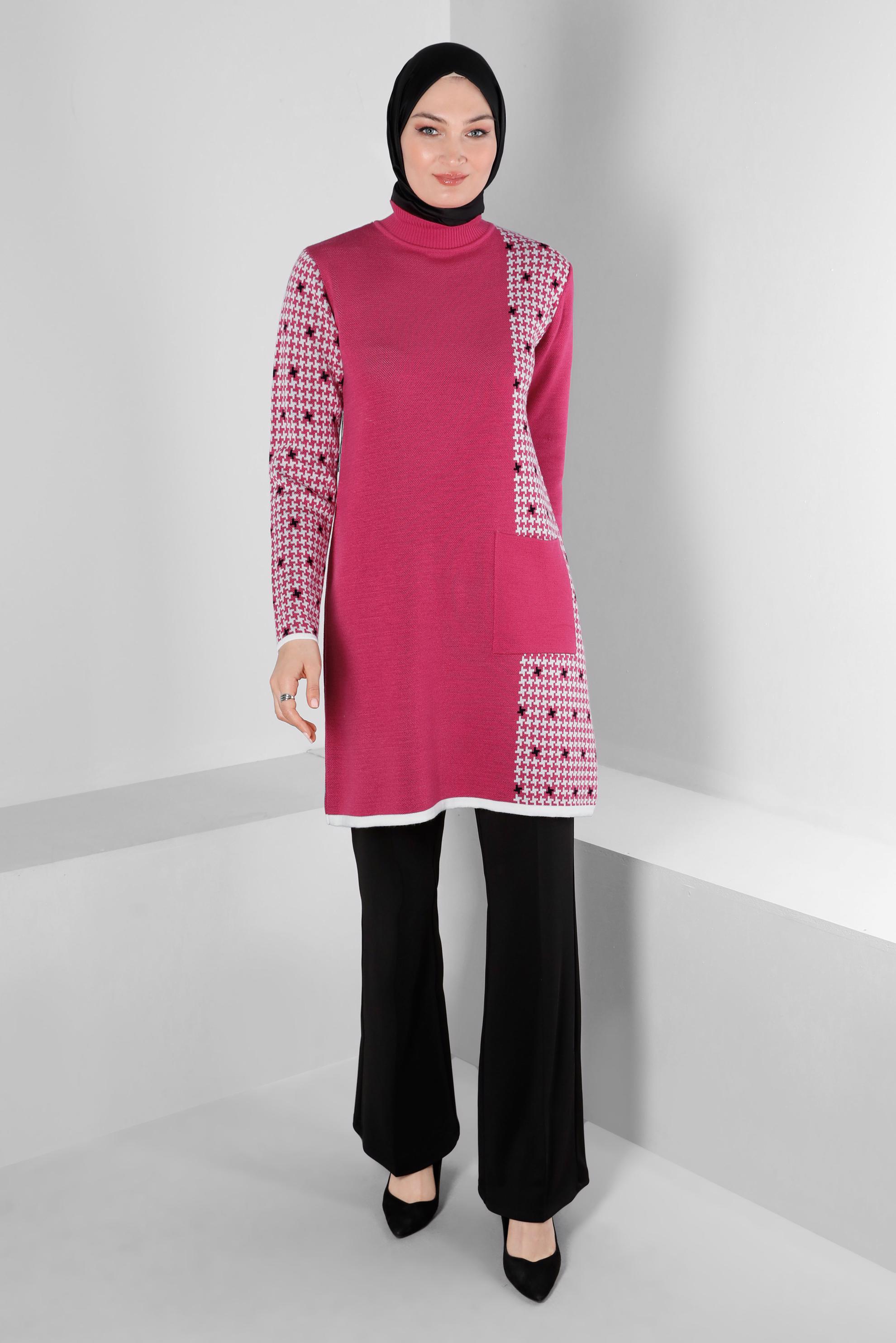 Tesettür giyim FUŞYA DESENLİ CEPLİ TRİKO TUNİK 43177