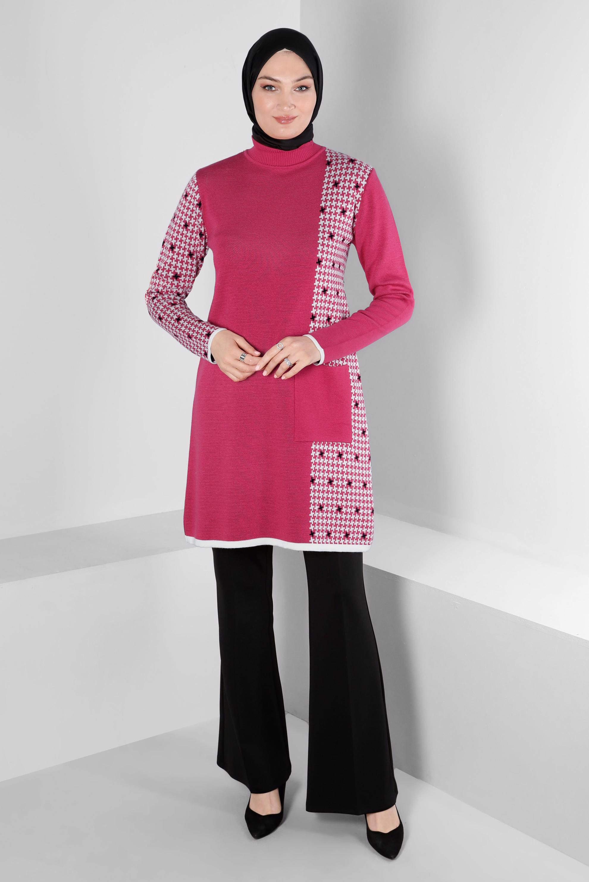 Tesettür giyim FUŞYA DESENLİ CEPLİ TRİKO TUNİK 43177