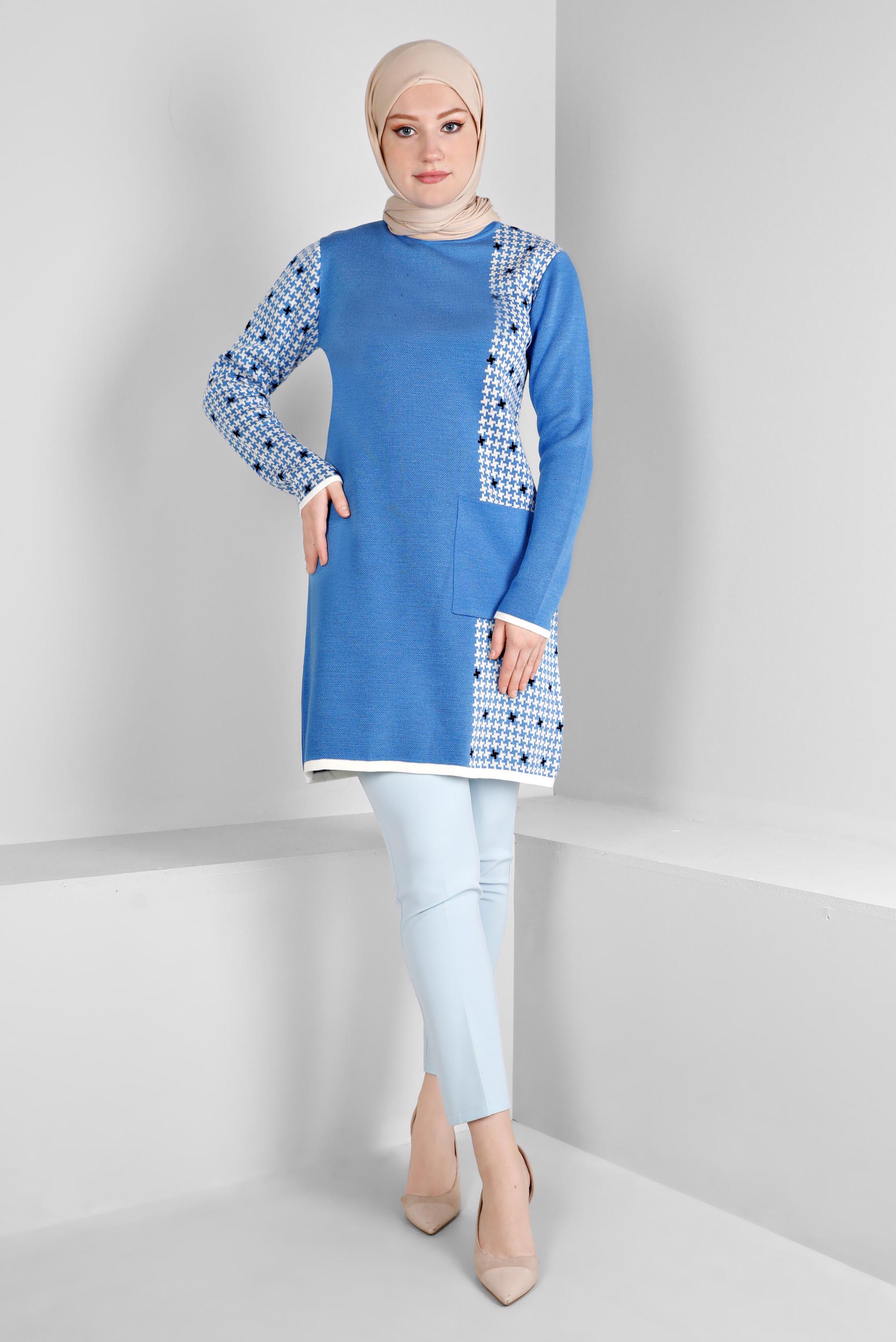Tesettür giyim MAVİ DESENLİ CEPLİ TRİKO TUNİK 43177