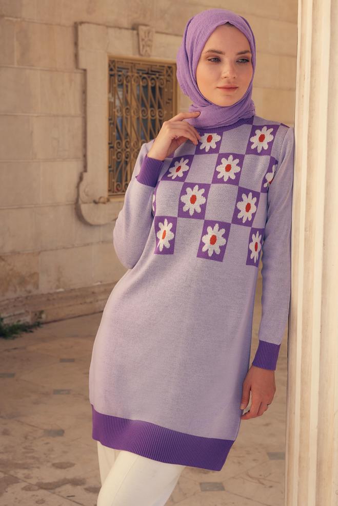 Vêtements hijab POURPRE TUNIQUE EN MAILLE MOTIF FLEURI 43178 - ALVİNA