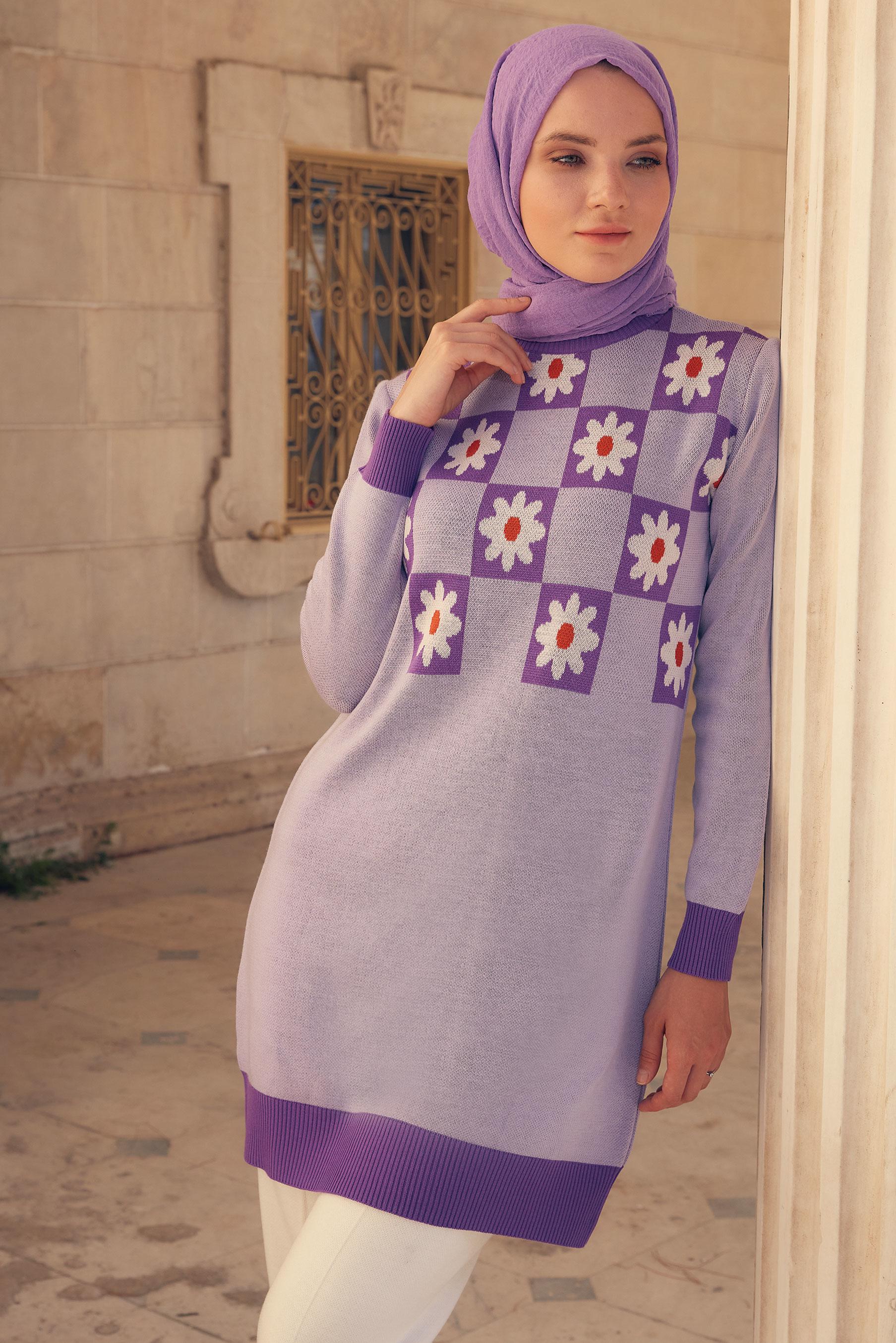 Vêtements hijab POURPRE TUNIQUE EN MAILLE MOTIF FLEURI 43178
