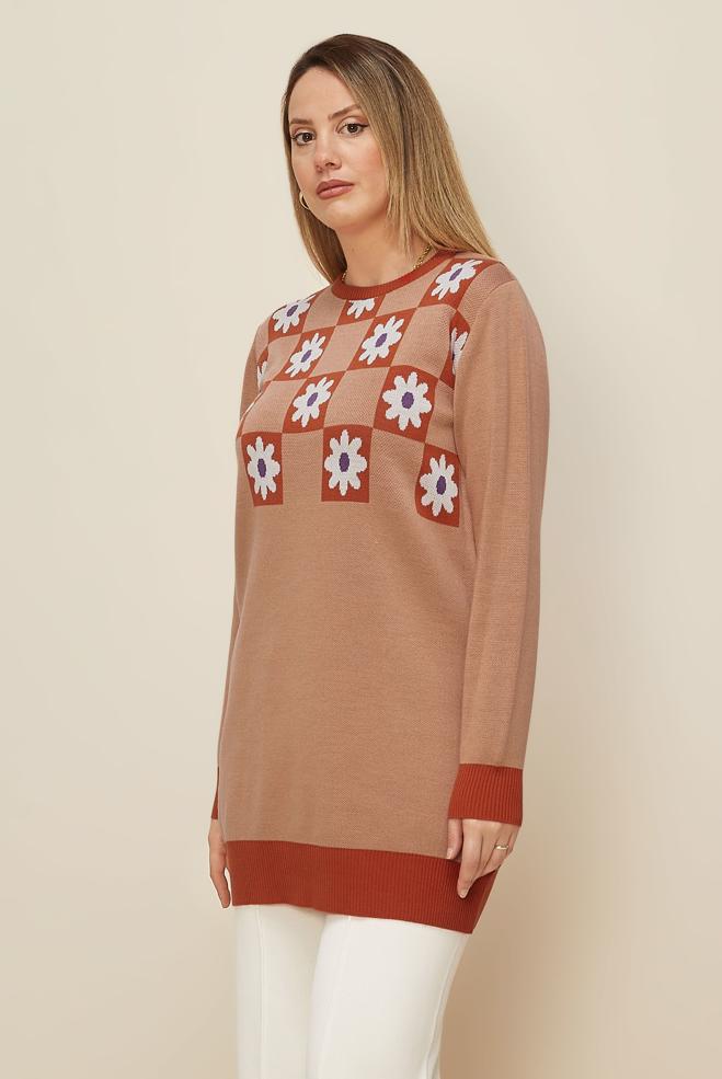 Vêtements hijab ORANGE TUNIQUE EN MAILLE MOTIF FLEURI 43178 - ALVİNA