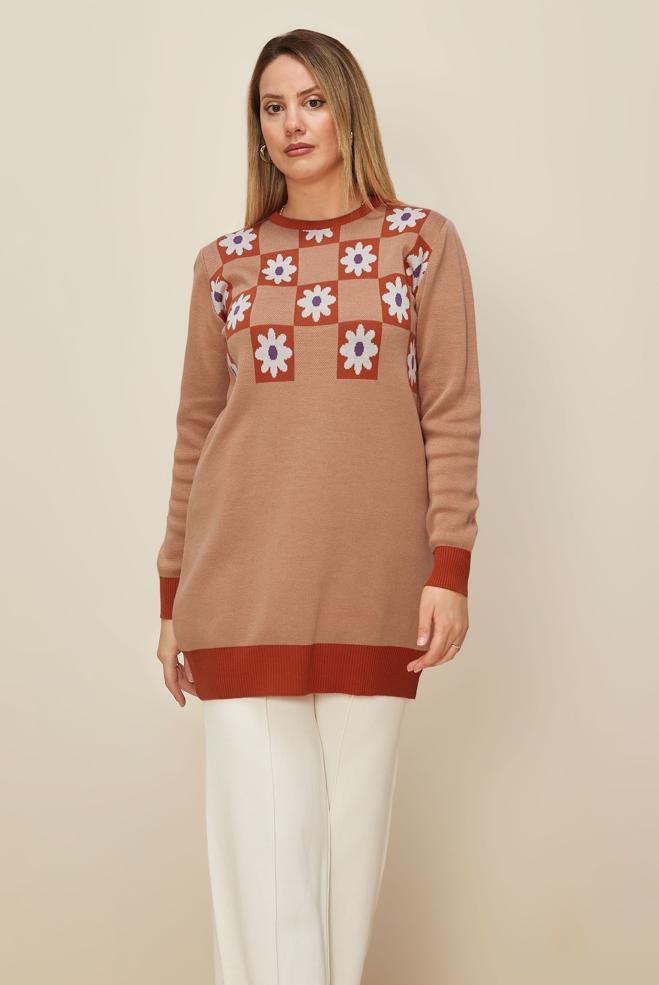 Vêtements hijab ORANGE TUNIQUE EN MAILLE MOTIF FLEURI 43178 - ALVİNA