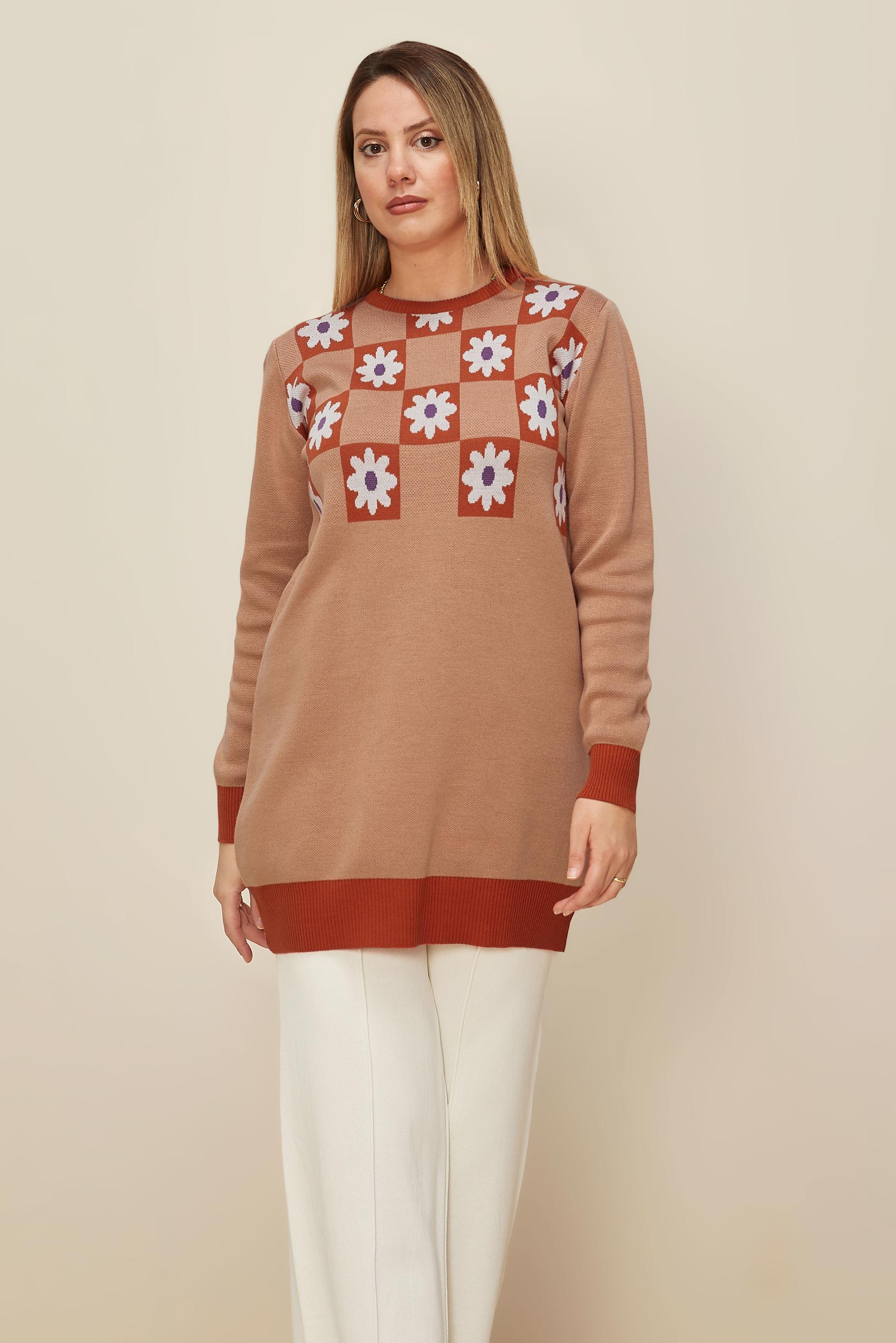 Vêtements hijab ORANGE TUNIQUE EN MAILLE MOTIF FLEURI 43178