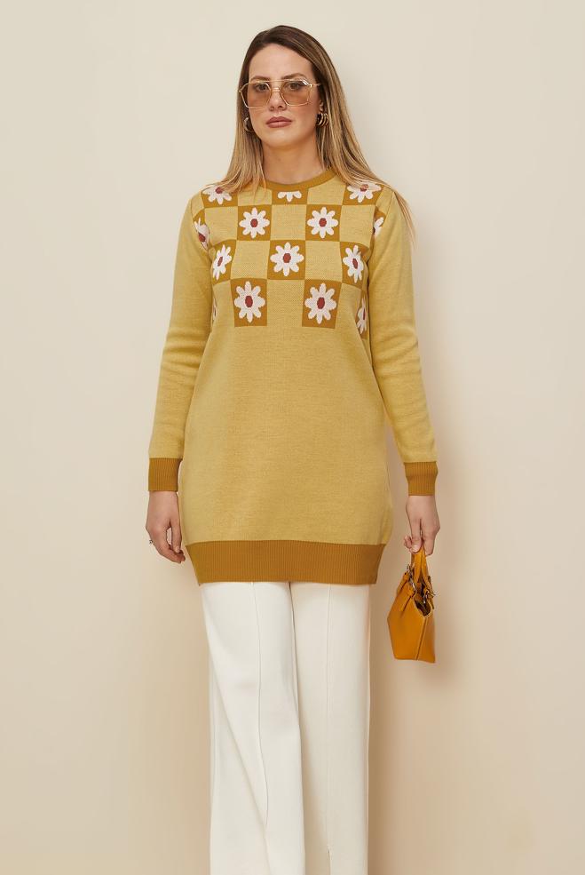 Vêtements hijab JAUNE TUNIQUE EN MAILLE MOTIF FLEURI 43178 - ALVİNA