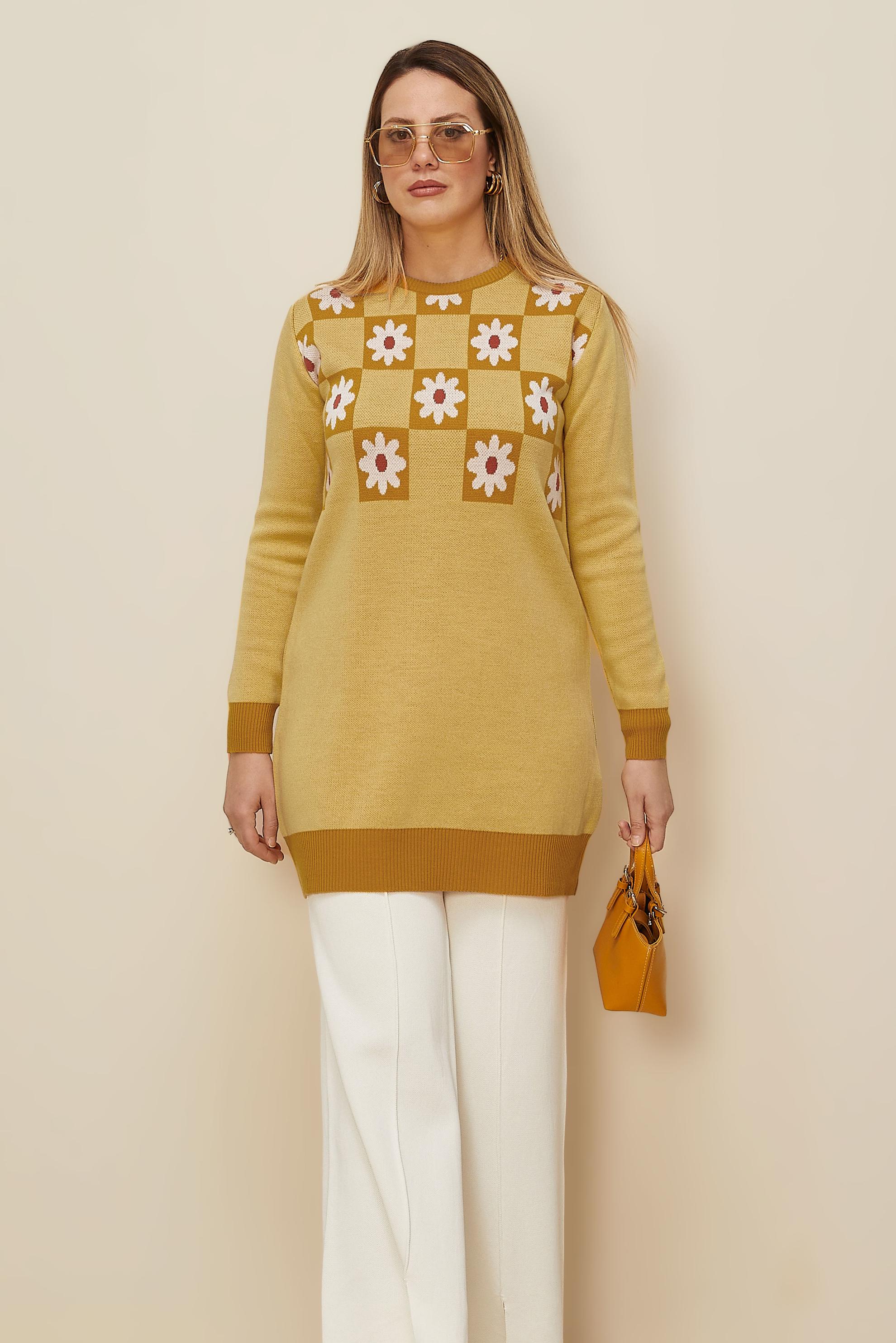 Vêtements hijab JAUNE TUNIQUE EN MAILLE MOTIF FLEURI 43178