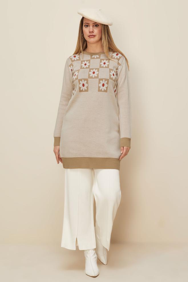 Hijab clothing BROWN FLORAL PATTERNED KNITWEAR TUNIC 43178  - ALVİNA