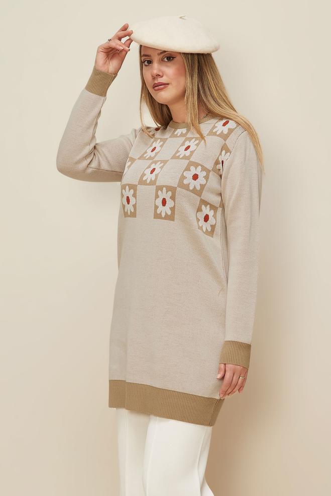 Hijab clothing BROWN FLORAL PATTERNED KNITWEAR TUNIC 43178  - ALVİNA