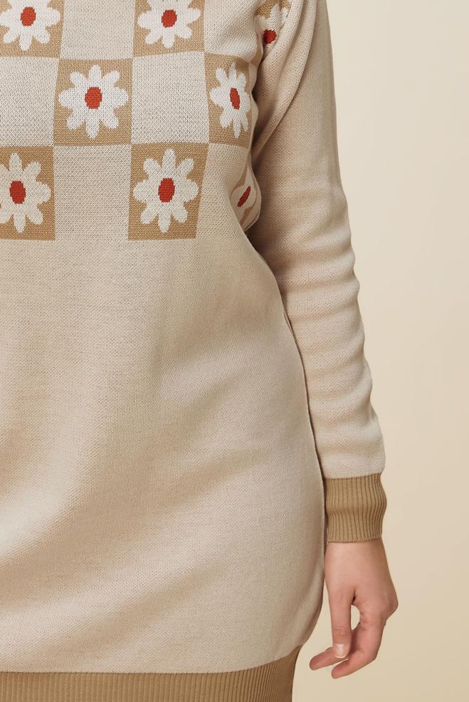 Hijab clothing BROWN FLORAL PATTERNED KNITWEAR TUNIC 43178  - ALVİNA