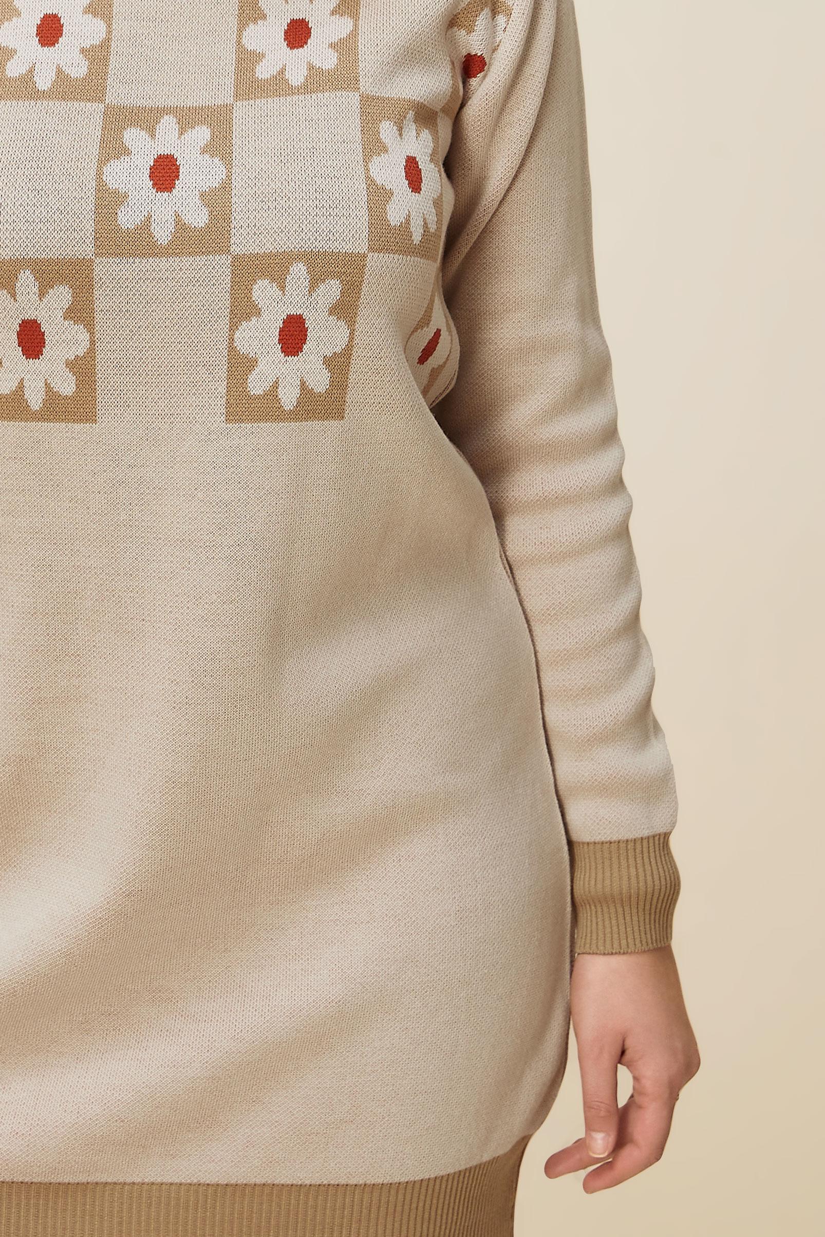 Vêtements hijab BRUN TUNIQUE EN MAILLE MOTIF FLEURI 43178