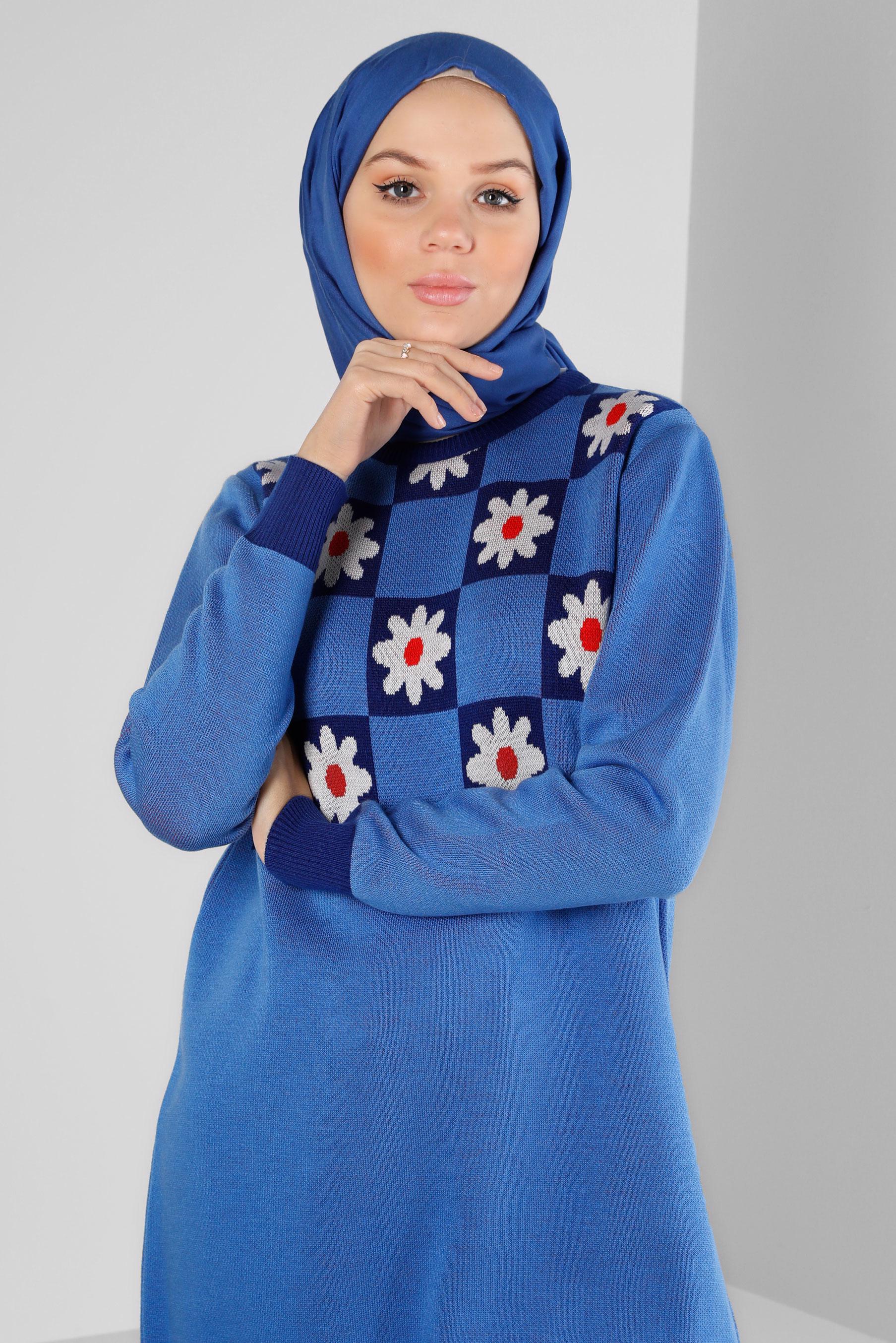 Vêtements hijab BLEU TUNIQUE EN MAILLE MOTIF FLEURI 43178