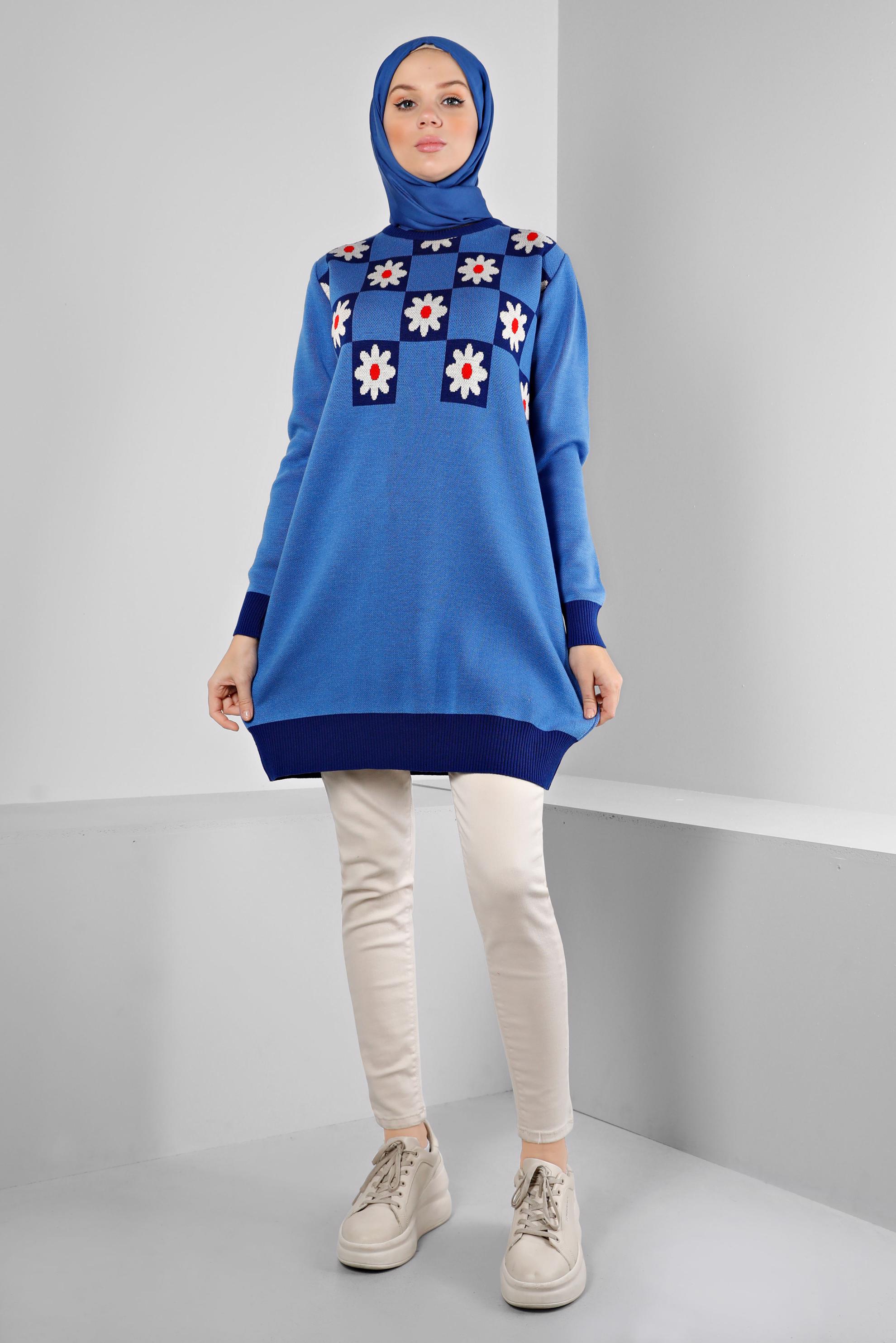 Vêtements hijab BLEU TUNIQUE EN MAILLE MOTIF FLEURI 43178