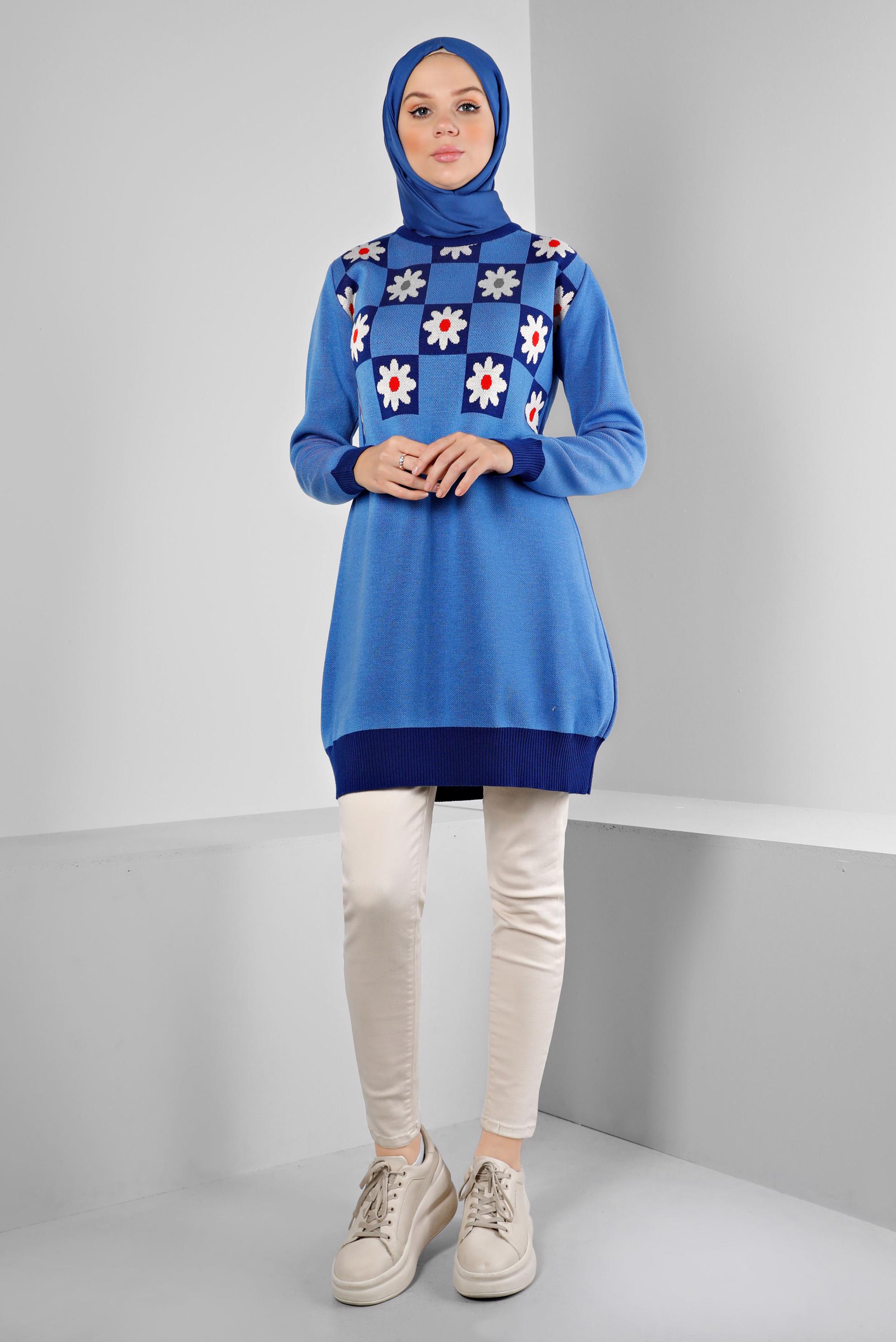 Vêtements hijab BLEU TUNIQUE EN MAILLE MOTIF FLEURI 43178