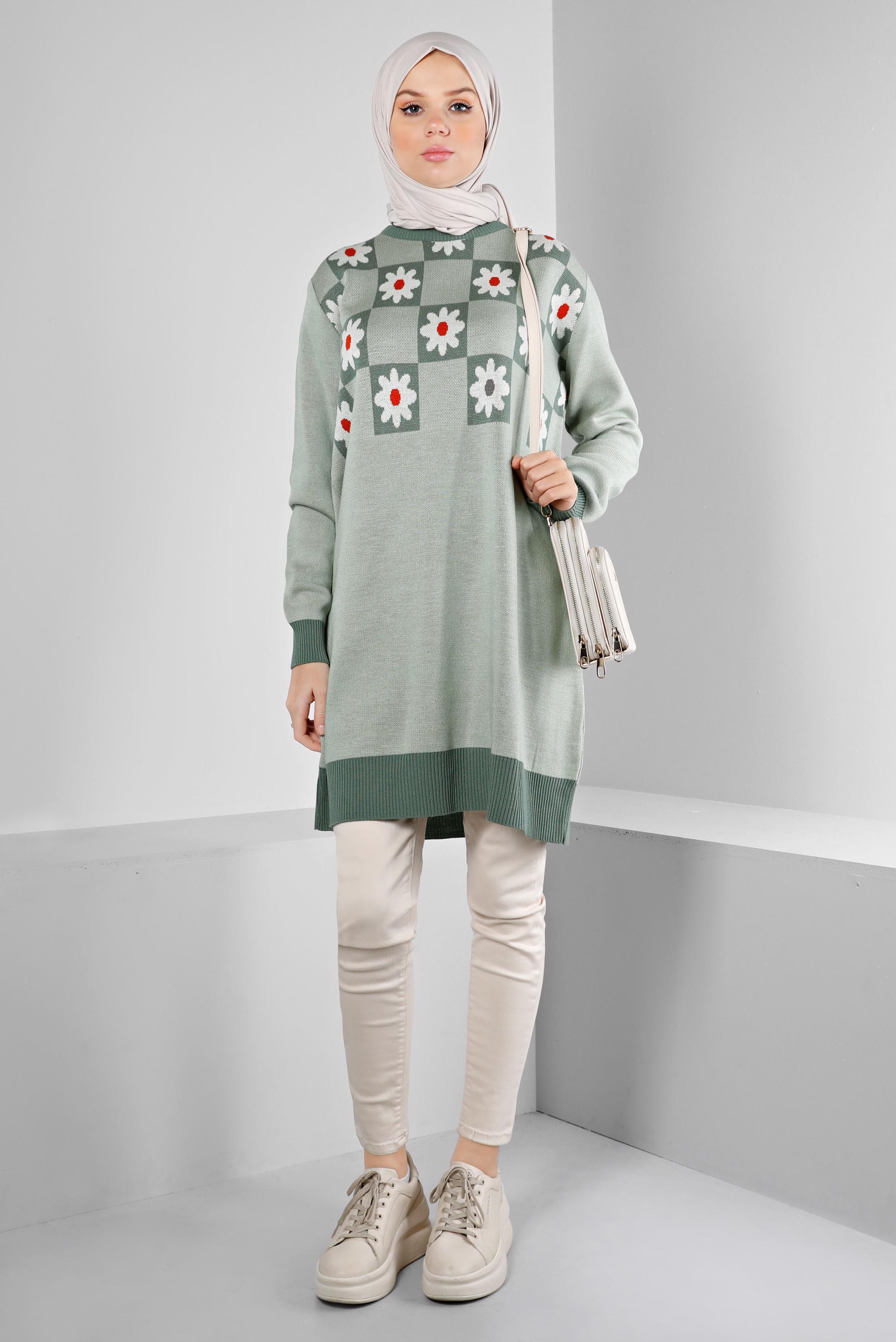 Vêtements hijab VERT TUNIQUE EN MAILLE MOTIF FLEURI 43178