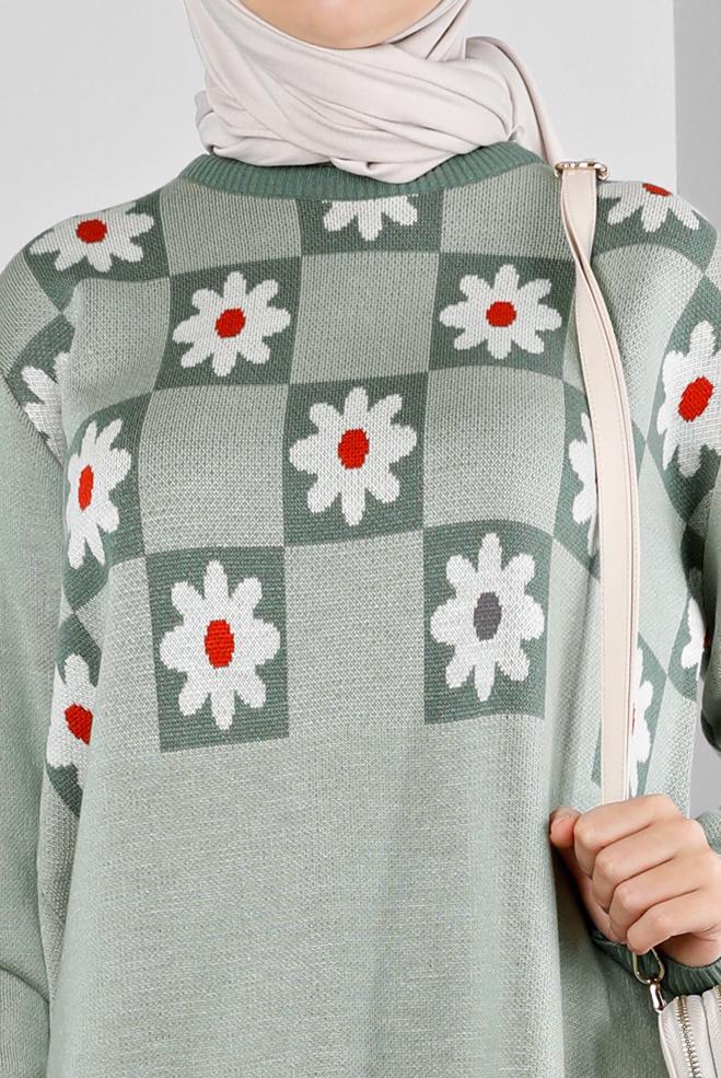 Vêtements hijab VERT TUNIQUE EN MAILLE MOTIF FLEURI 43178 - ALVİNA