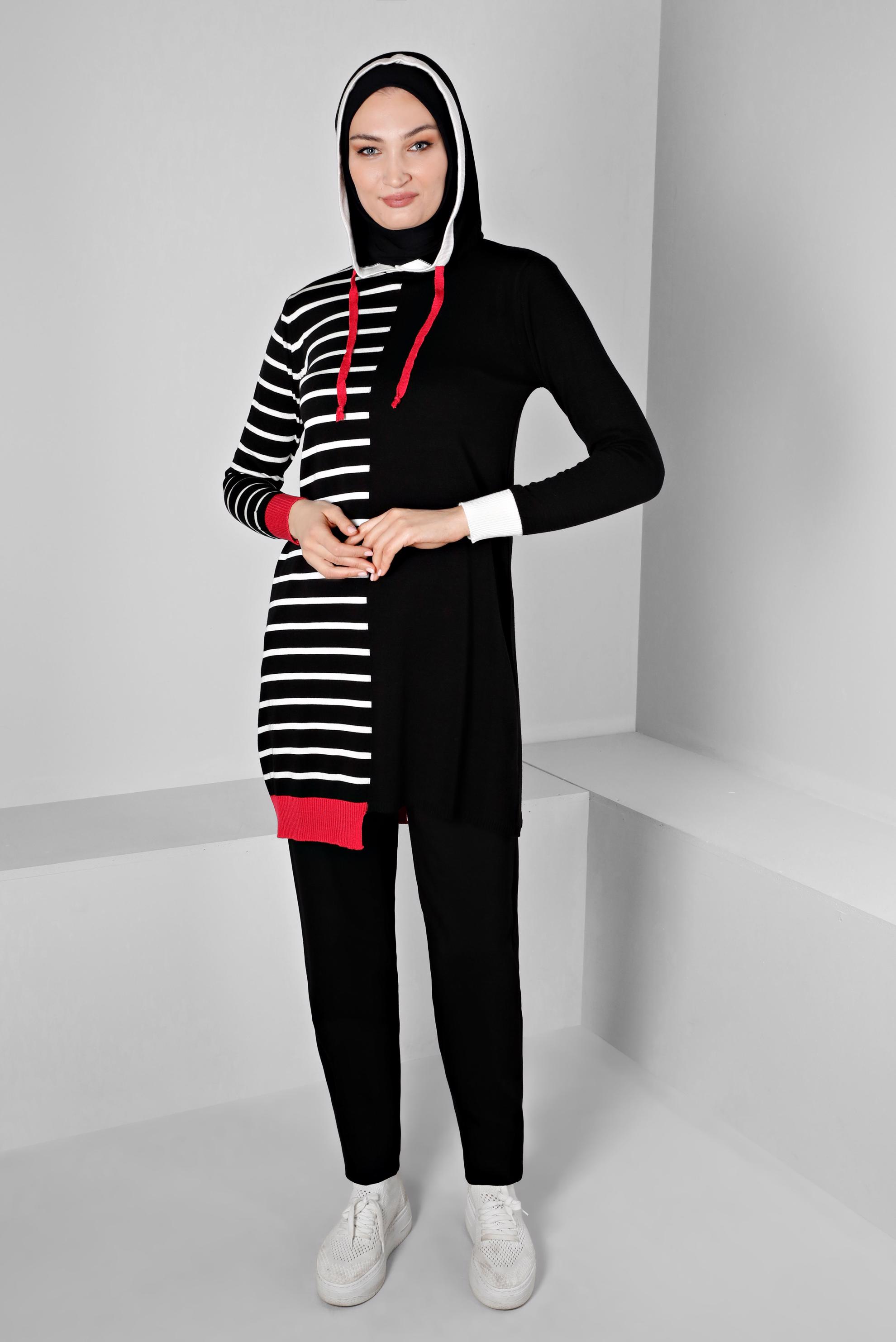 Vêtements hijab NOIR TUNIQUE EN MAILLE À CAPUCHE À RAYURES 43179