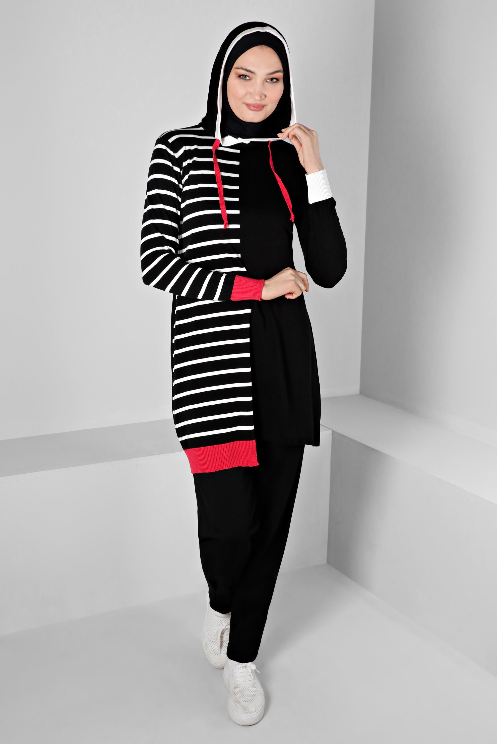 Vêtements hijab NOIR TUNIQUE EN MAILLE À CAPUCHE À RAYURES 43179