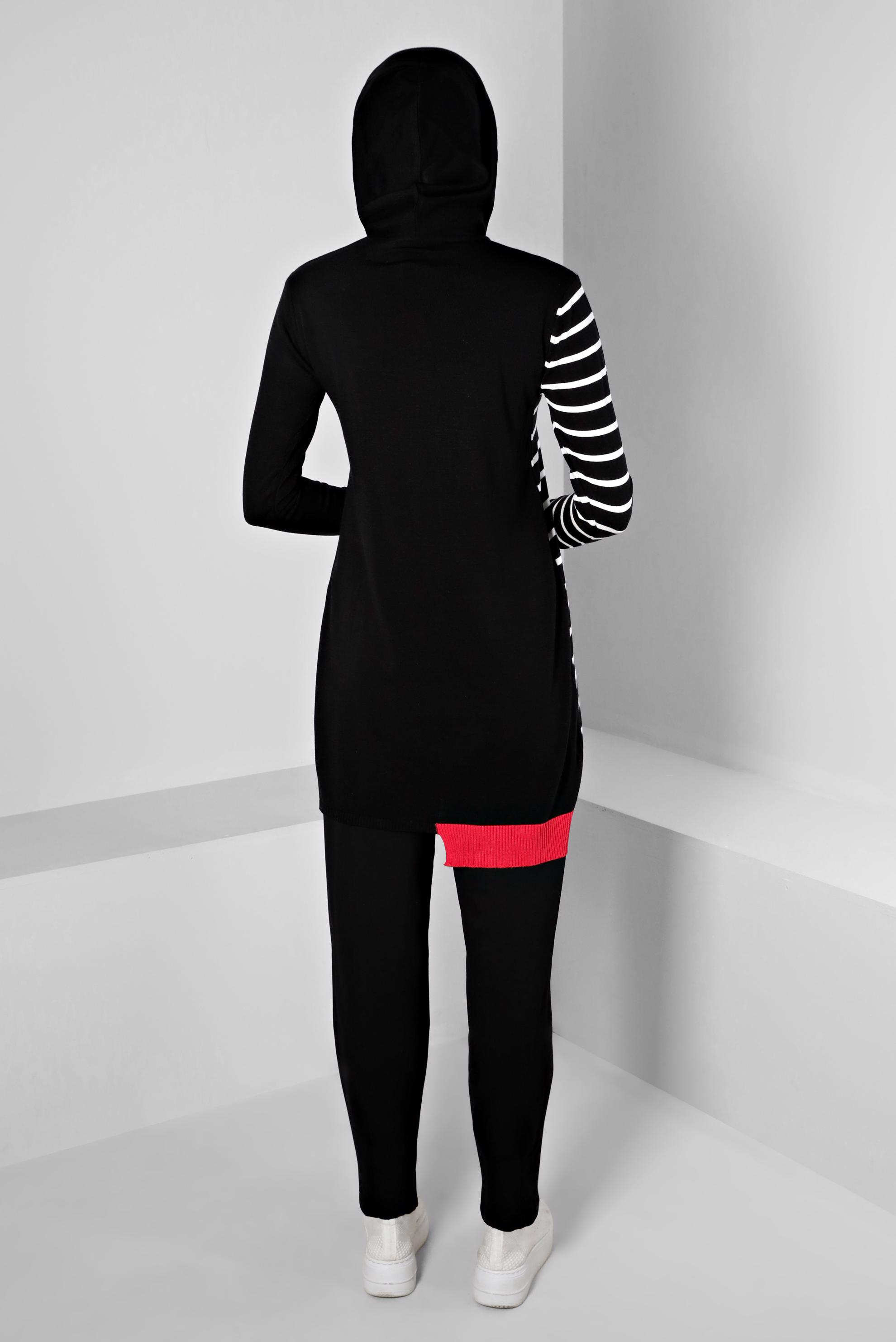 Vêtements hijab NOIR TUNIQUE EN MAILLE À CAPUCHE À RAYURES 43179