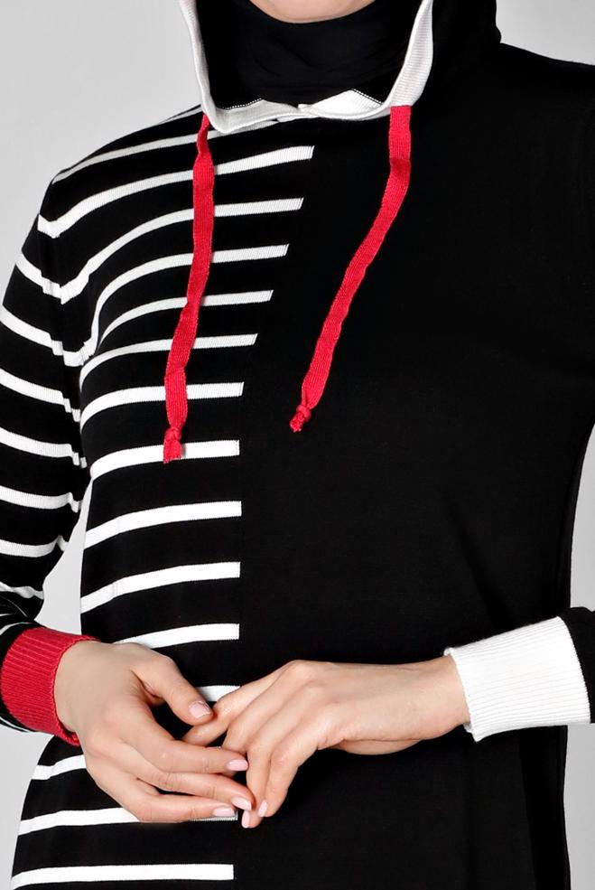 Tesettür giyim SİYAH ÇİZGİLİ KAPÜŞONLU TRİKO TUNİK 43179  - ALVİNA